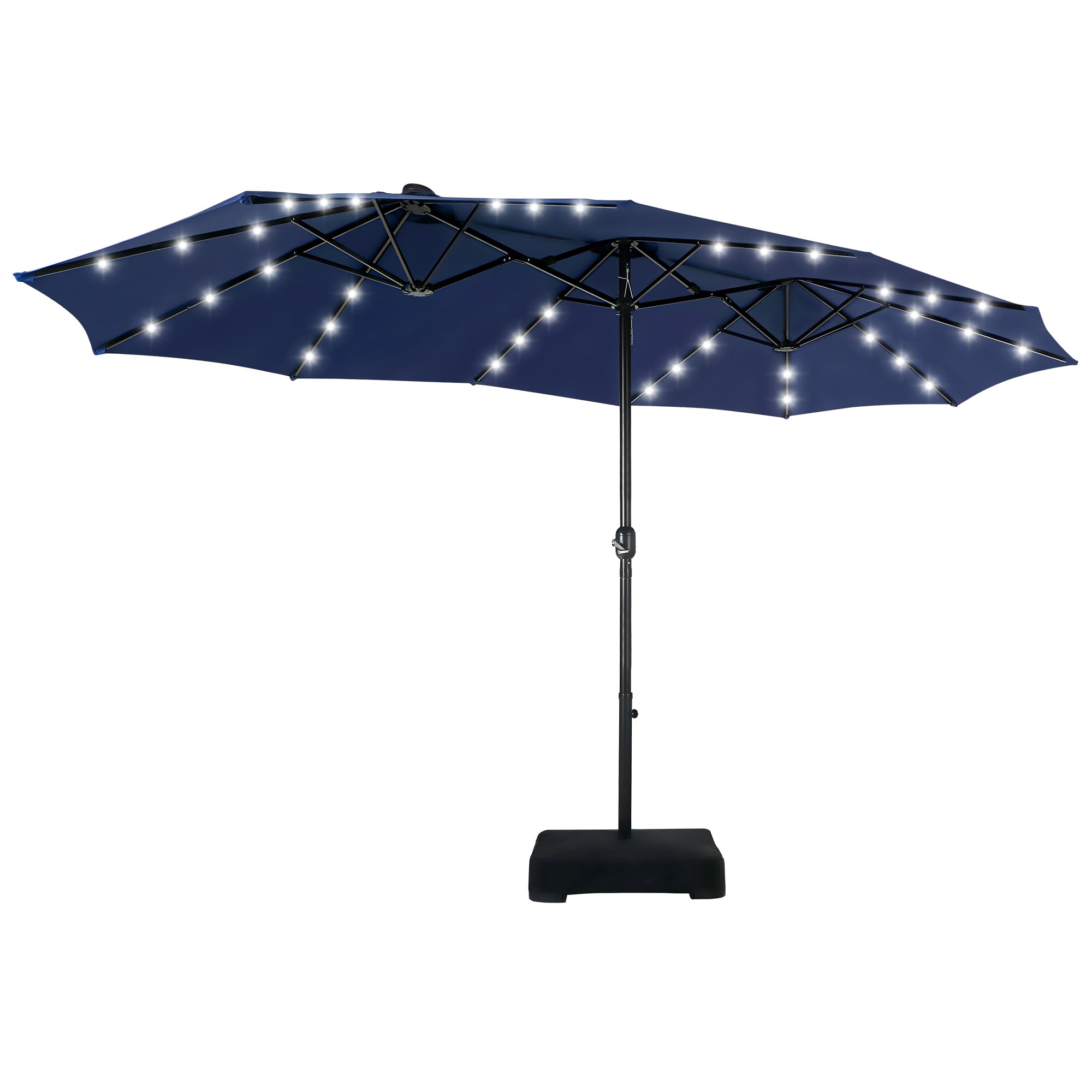 MFSTUDIO 15ft Double Sided Solar LED Patio Umbrella with Crank Handle - Outdoor Rectangular Market Umbrella for Deck, Pool, Garden, and Backyard Shade - Includes Base & 36 LED Lights for Nighttime Ambiance