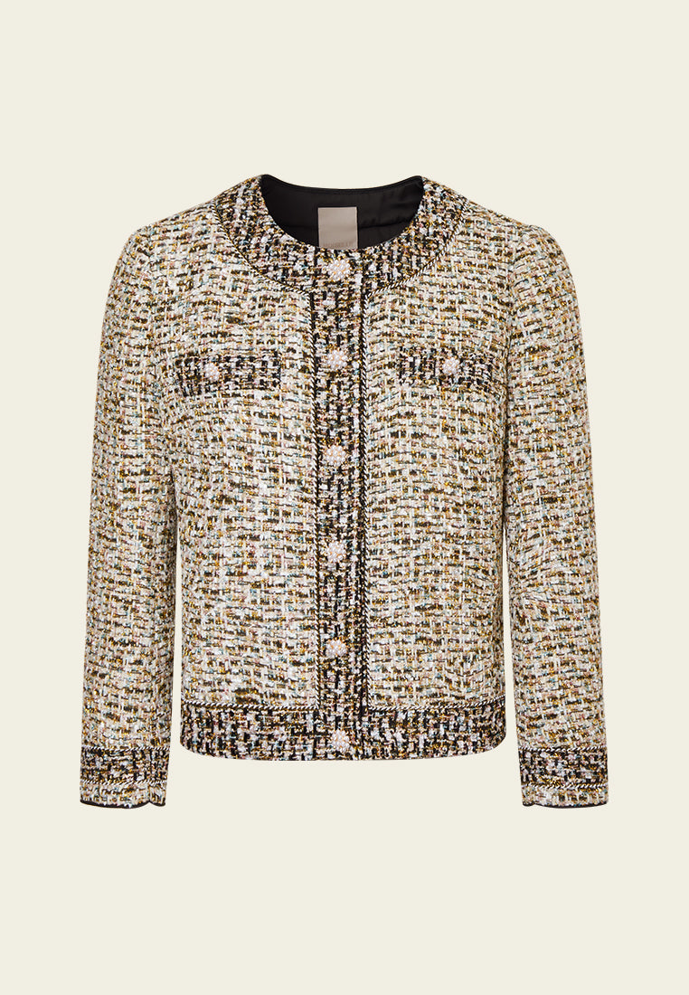 Stylish Contrast Trim Mixed Tweed Jacket for Women - Elegant Blazer for Office, Dating & Special Occasions