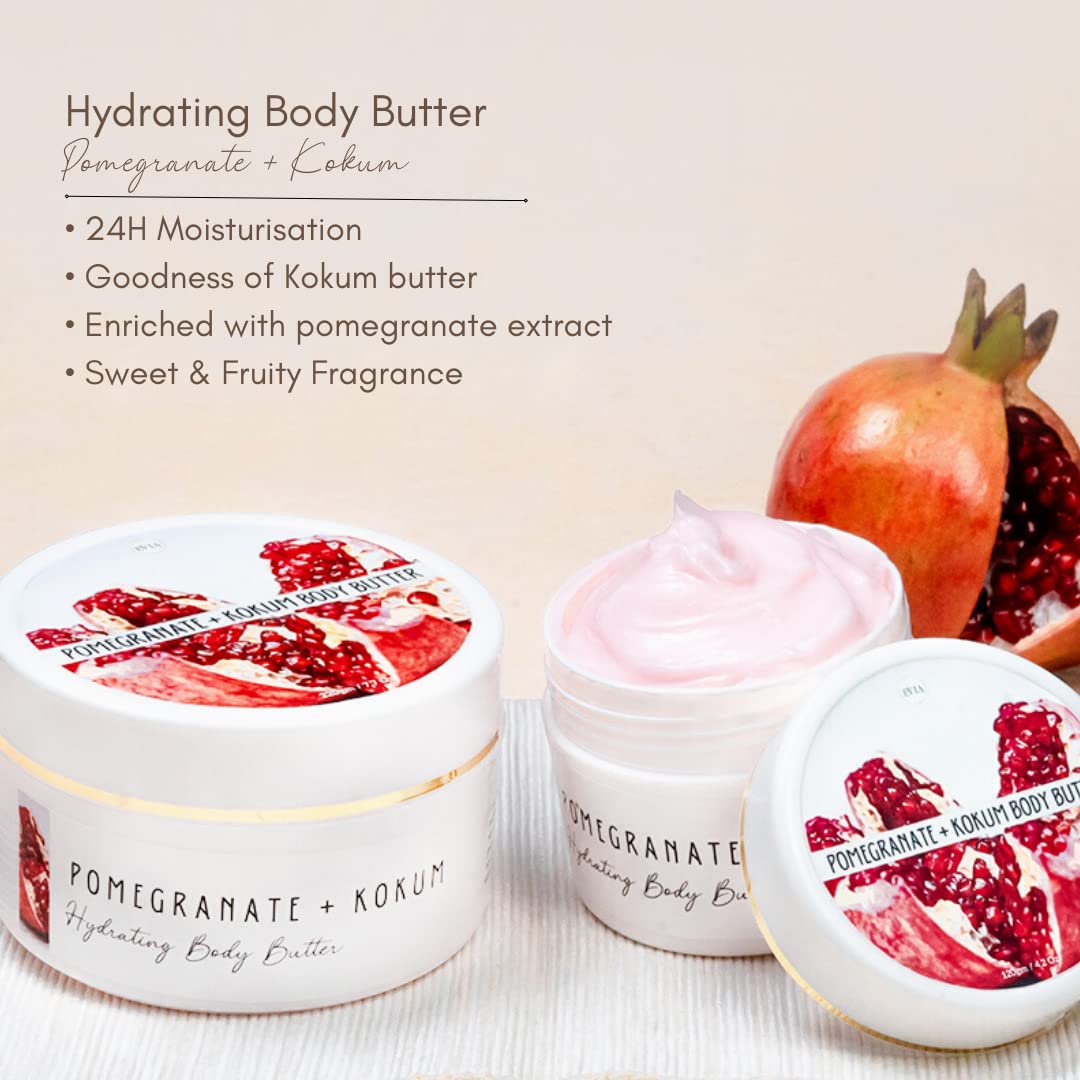 Evia Pomegranate & Kokum Body Butter 120g - Deep Moisturizing Cream with Kokum Butter, Pomegranate Extract & Shea Butter for Dry Skin - Perfect for Daily Hydration & Night Care Routine