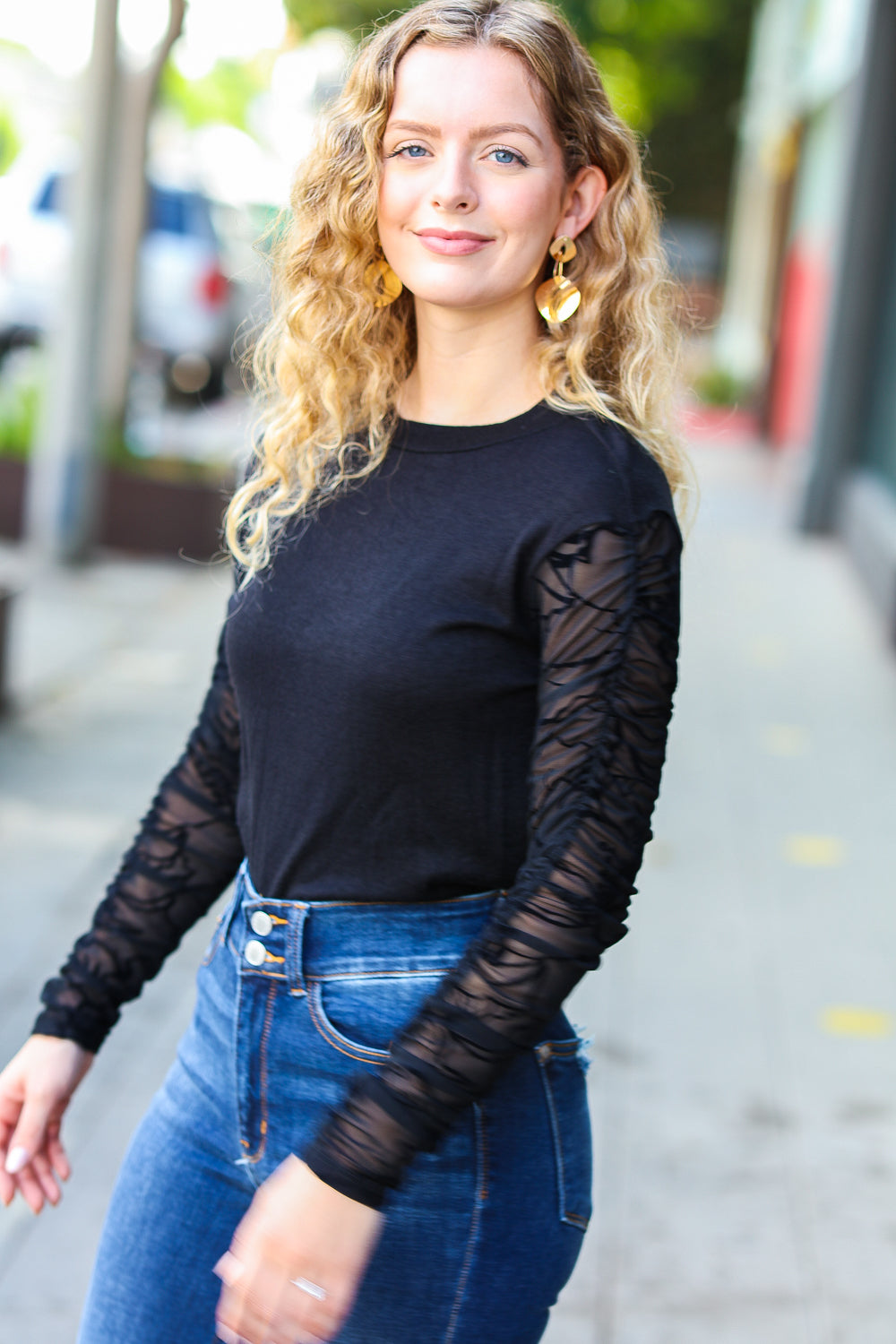 Black Shirred Velvet Mesh Blouse - Elegant Women's Fashion Top for Party & Evening Wear