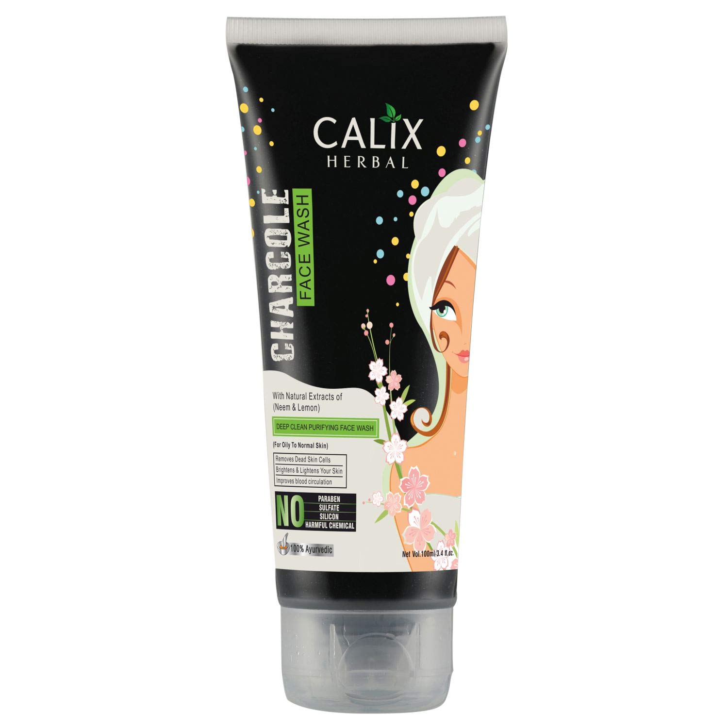 Calix Herbal Organic & Ayurvedic Charcoal Face Wash - Anti-Pollution, Exfoliating & Brightening Formula for Oily to Normal Skin | Oil Control & Acne Treatment | 100ml | Perfect for Daily Cleansing & Detoxifying Skin Routine