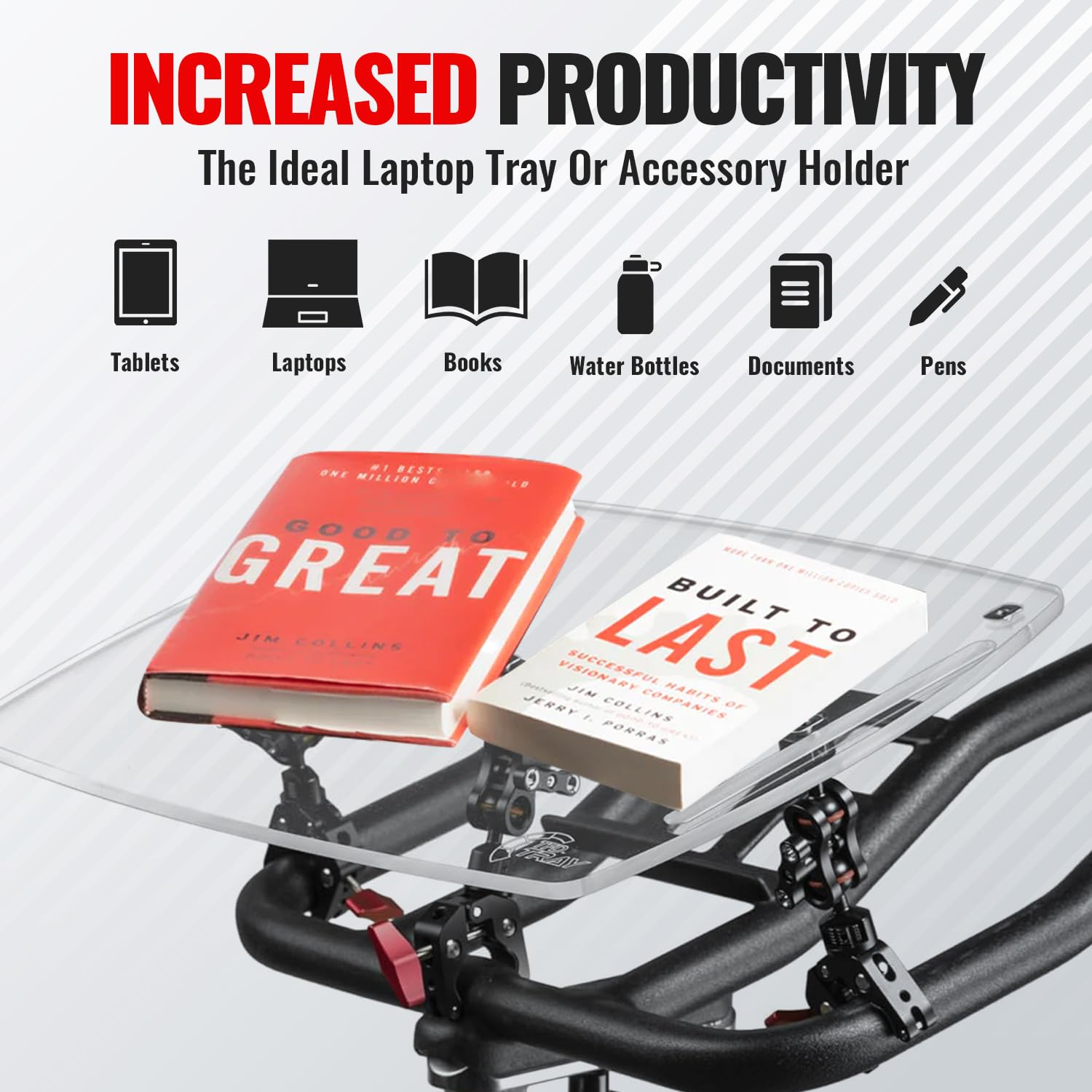 TFD Adjustable Acrylic Bike Tray - Universal Laptop Stand for Exercise Bikes | Portable Workstation for Laptop, Books & Tablets | Perfect for Home Gym, Office & Indoor Cycling Workouts