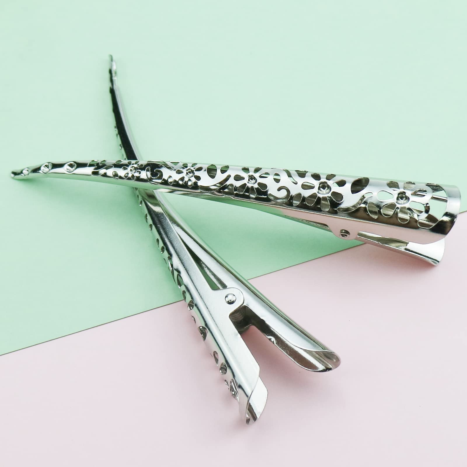 DonLeeving 6 Pcs Duckbill Hair Clips - Hollow Metal Alligator Hair Clips for Women, Non-Slip Hair Barrettes Without Teeth for Styling & Sectioning (Silver) - Perfect for Salon, Home Haircuts & DIY Hairstyles
