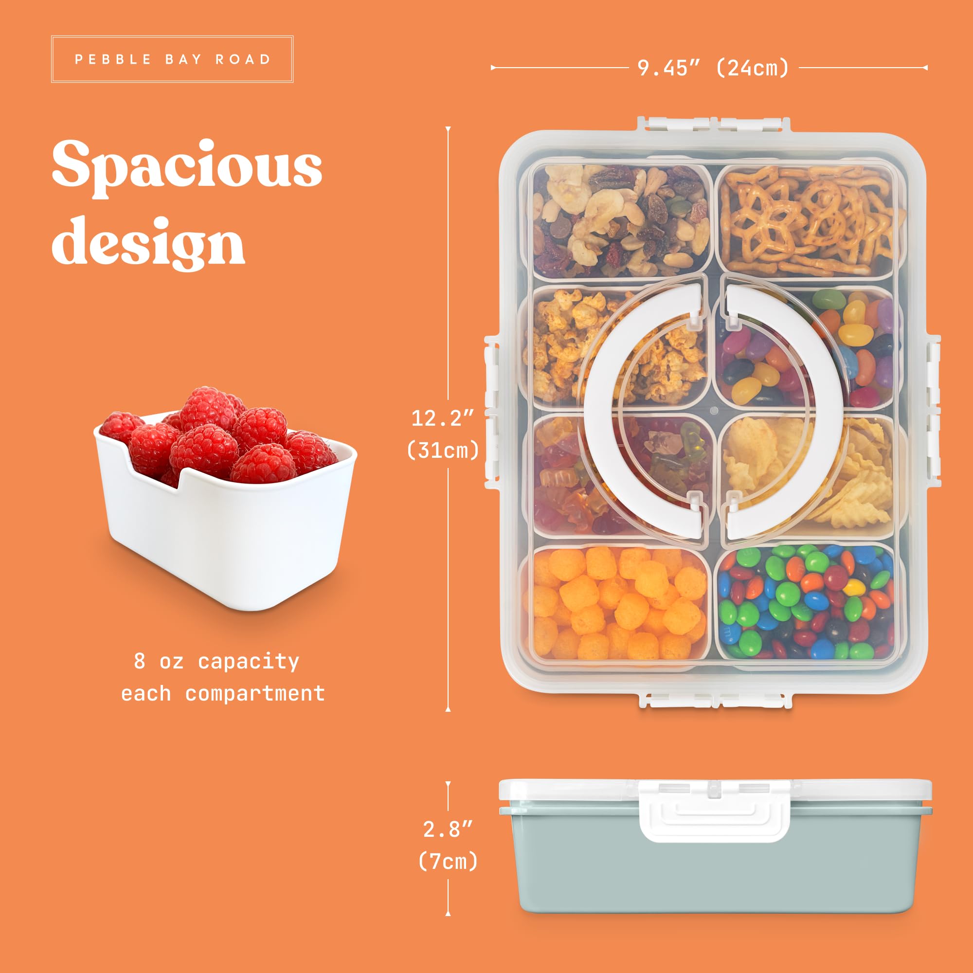 2025 Upgraded Dishwasher Safe Snack Box with Lid & Handle - 3-Compartment Divided Serving Tray for Charcuterie, Candy, Fruits, Nuts - Perfect for Picnics, Road Trips, Parties & Travel - BPA-Free Food Storage Container - Ideal for Home, Office & Outdoor Use (Sage Green)