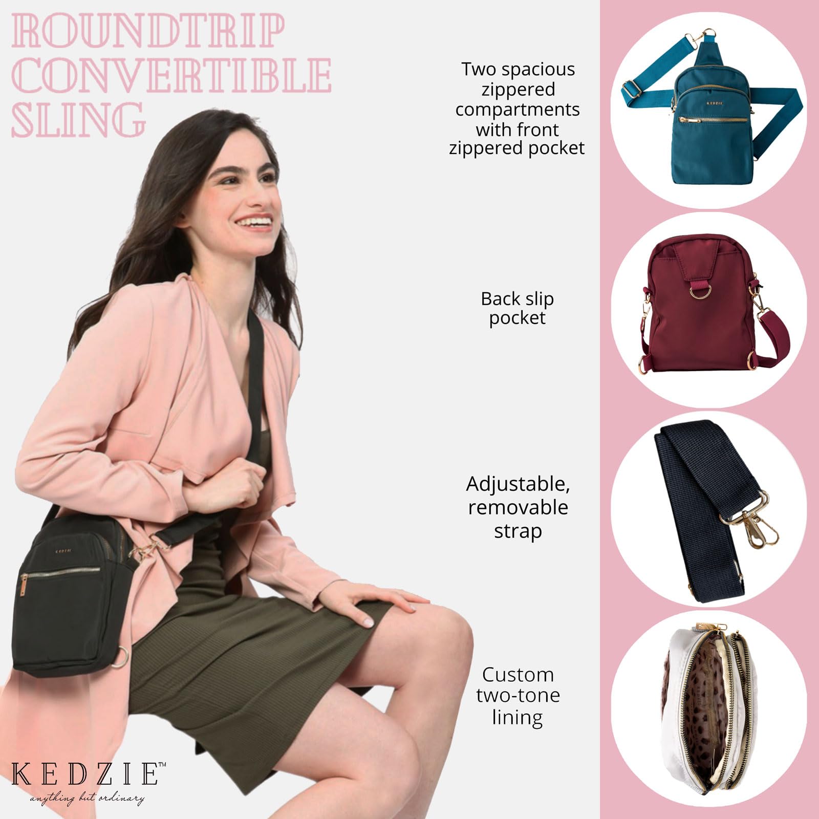 KEDZIE Women's Roundtrip Convertible Sling & Crossbody Bag with Adjustable Strap - Perfect for Travel, Work, and Everyday Use