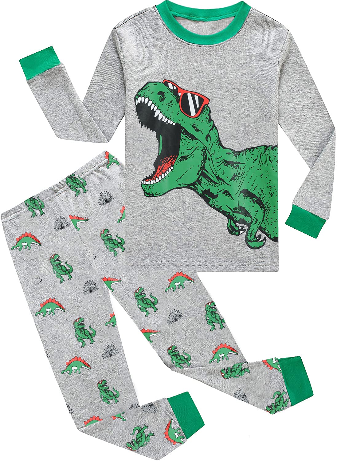 Boys' Cotton Pajama Set - Dinosaur & Monster Truck Print 2-Piece Sleepwear for Toddlers Ages 2-7 | Soft & Comfortable Kids' PJS for Bedtime & Lounging