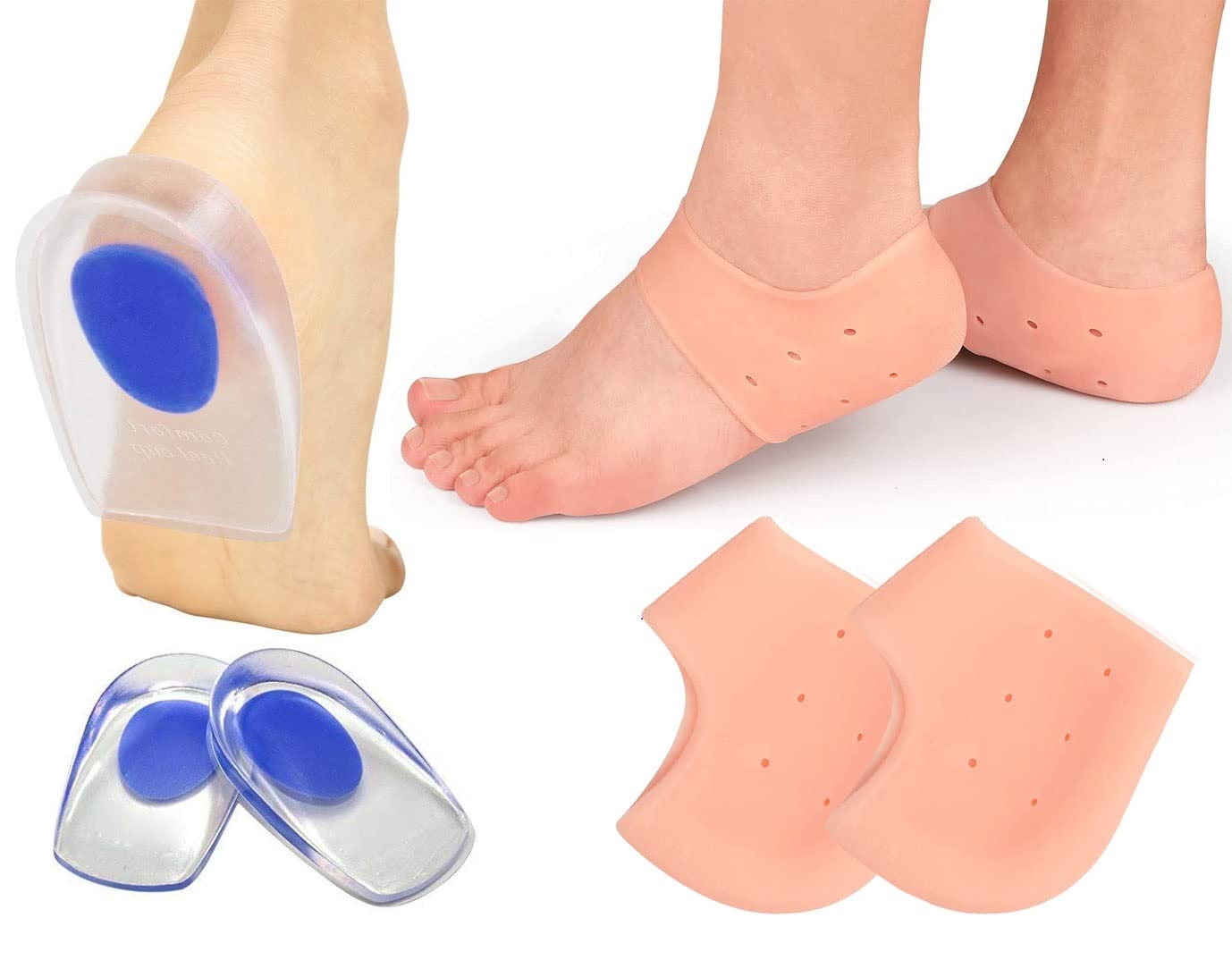 Clopic Pain Relief Silicone Gel Heel Cups & Pads - Plantar Fasciitis, Heel Spurs, Cracked Heels Support for Men & Women - Comfortable Shoe Insoles for Running, Walking & Work - Moisturizing Heel Protector Socks Combo