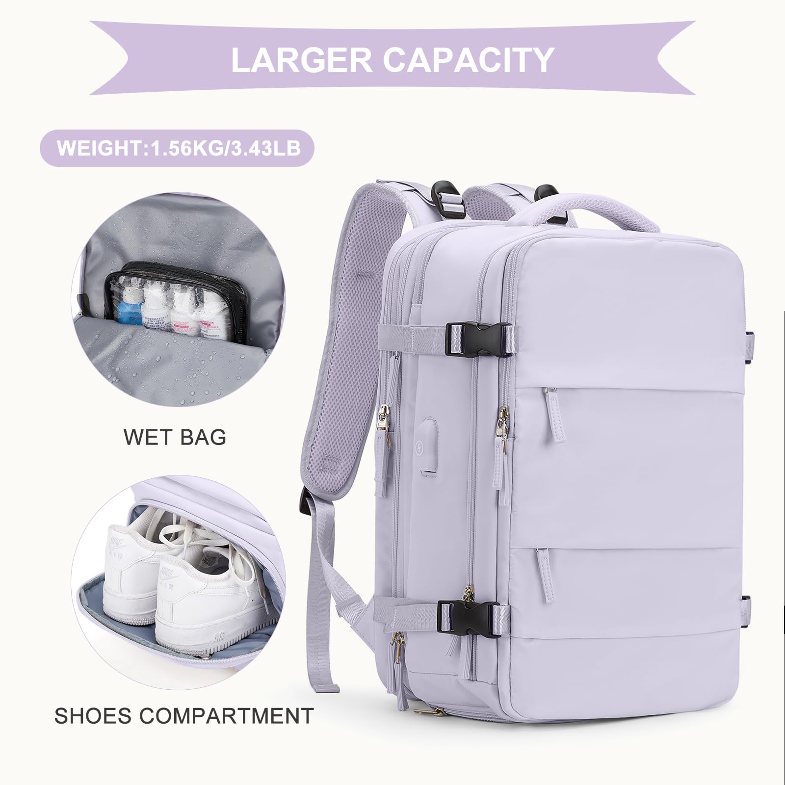 Coowoz Large Travel Backpack for Women & Men - Waterproof Expandable Carry On Backpack for Hiking, Outdoor Sports, Casual Daypack & Heavy Duty Use | Extra Large Rucksack in Purple | Perfect for Air Travel, Camping & Daily Commute