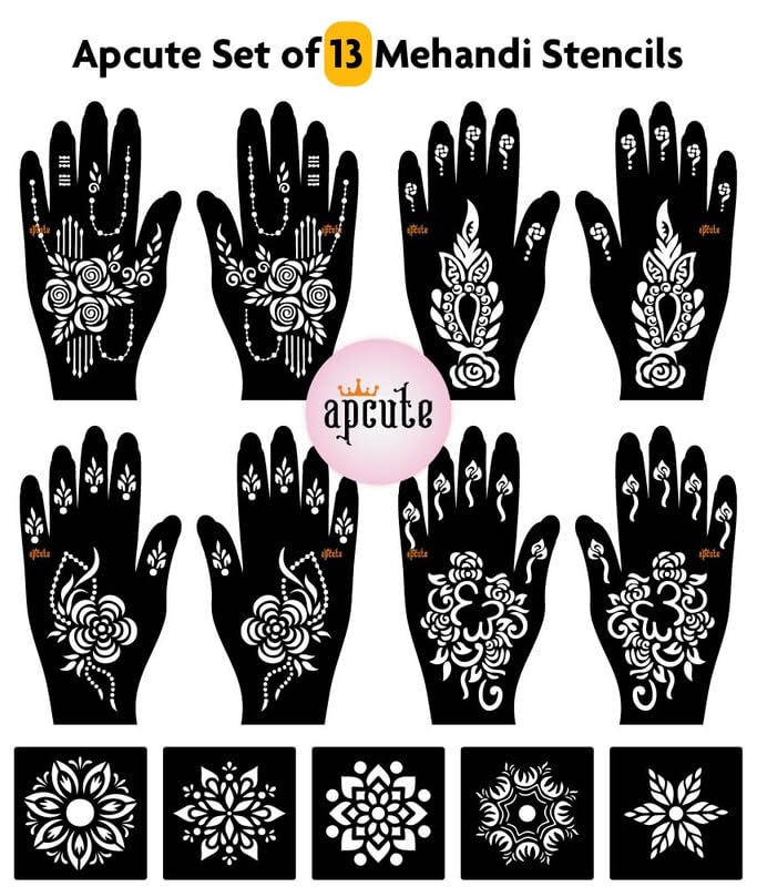 APCUTE 13-Piece Full Hand Mehndi Stencil Kit | Temporary Henna Tattoo Stickers for Women & Girls | Easy 4-Step Application | Perfect for Weddings, Festivals & DIY Body Art (Designs 27-28-123-124)
