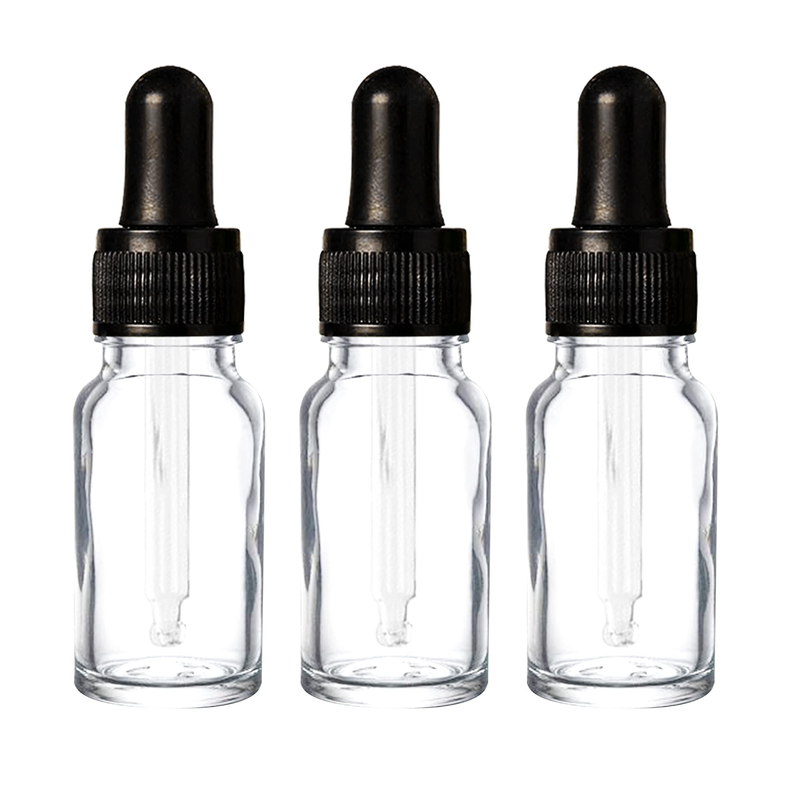 NSB Herbals 10ml Clear Round Empty Glass Bottle with Glass Dropper & Black Silicone Teat - Refillable Essential Oil & Perfume Container (Pack of 3) | Perfect for DIY Aromatherapy, Travel Size Liquids & Homemade Beauty Products