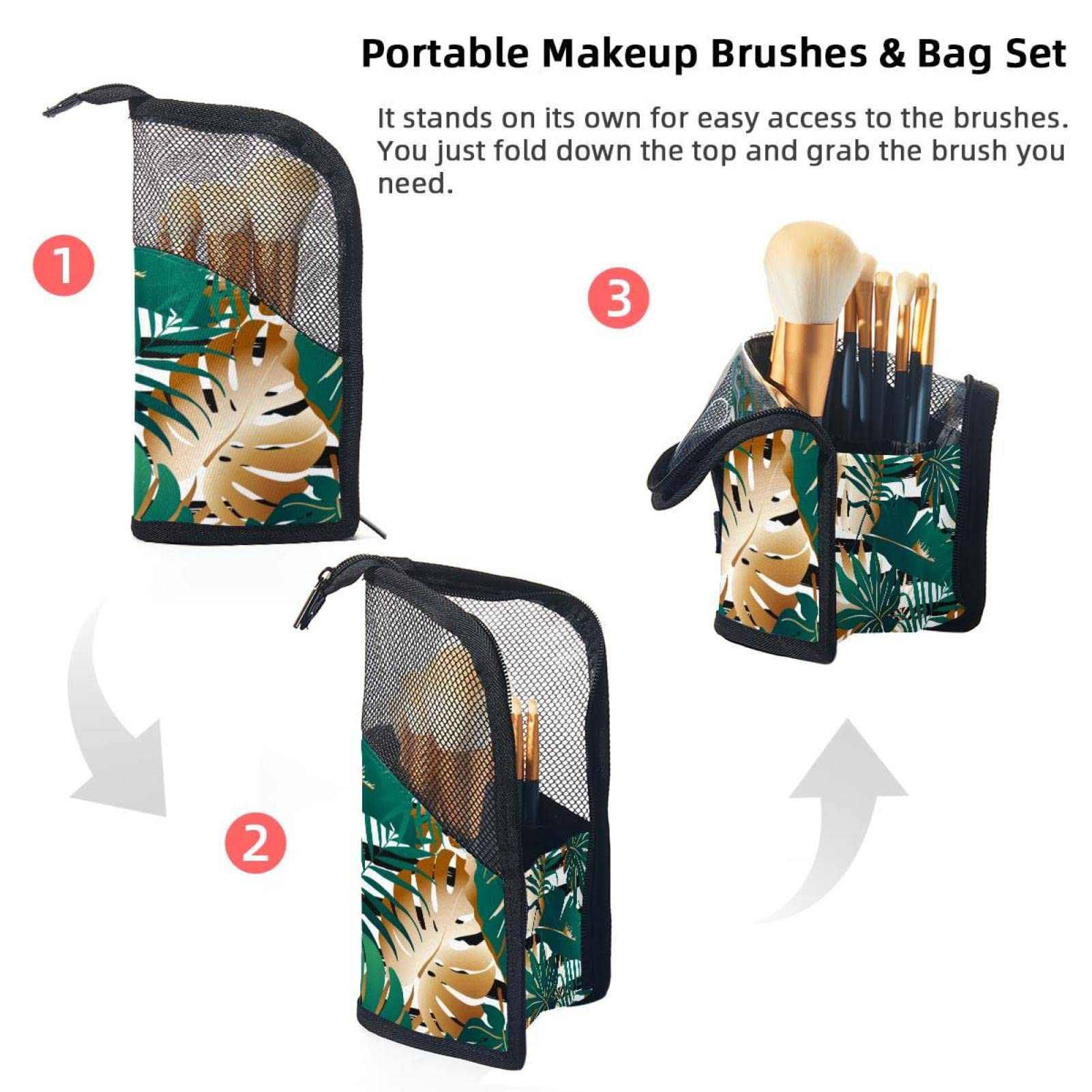 12-Piece Makeup Brush Organizer Bag with Tropical Green & Golden Palm Leaf Design - Portable Cosmetic Brush Holder Case for Travel, Home & Professional Makeup Storage