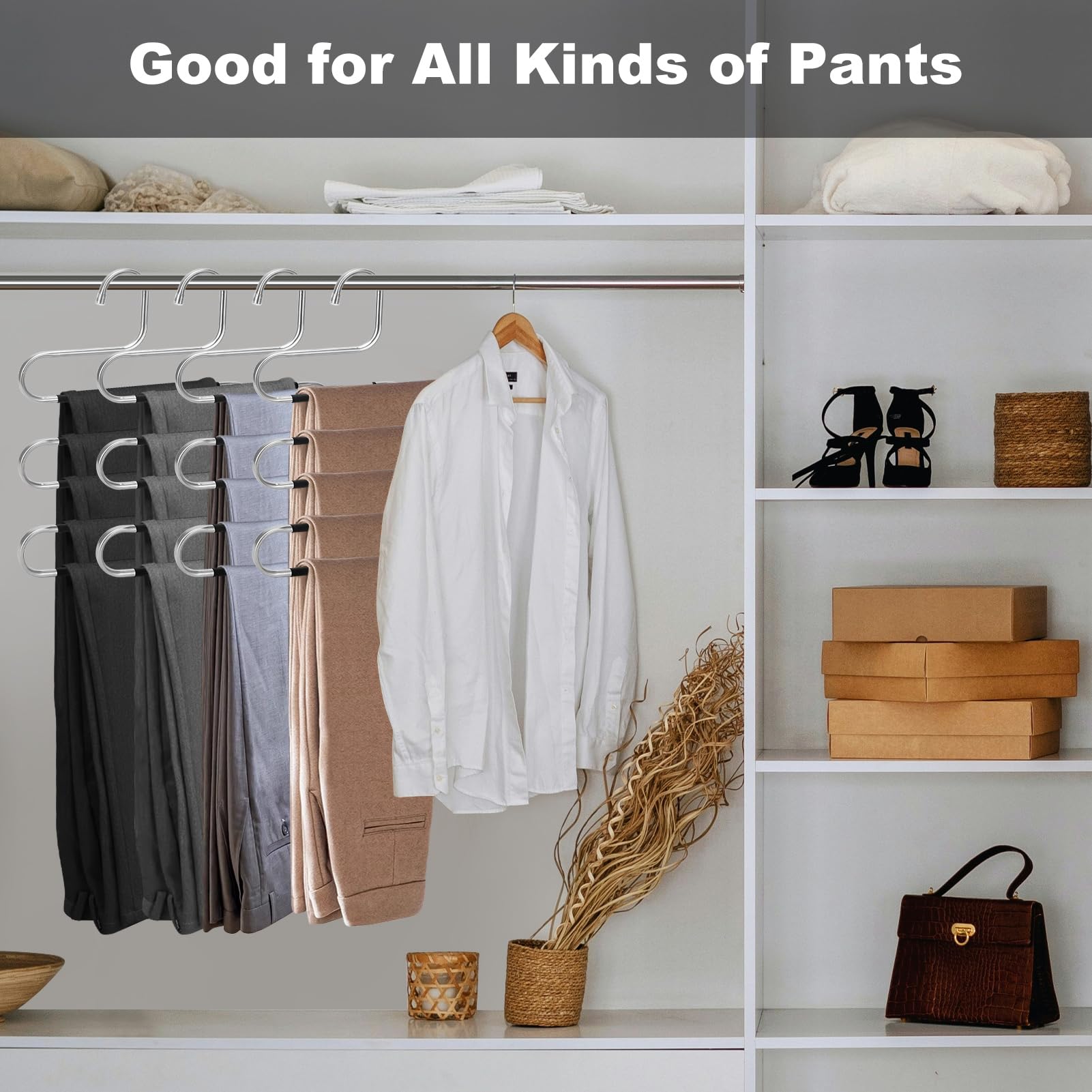Space Saving Pants Hangers 4-Pack - Stainless Steel Non-Slip Closet Organizers for Jeans, Scarves, Towels & Leggings - Perfect for Small Closets & Wardrobe Organization