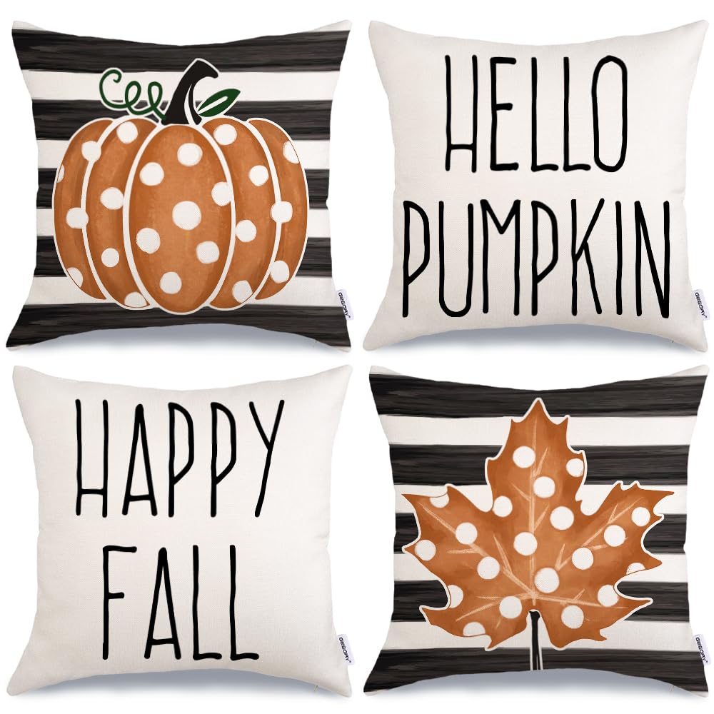 GEEORY 18x18 Fall Decor Pillow Covers Set of 4 - Polka Dot Pumpkin Maple Leaf Thanksgiving Throw Pillow Cases for Couch, Sofa & Outdoor Decor - Farmhouse Seasonal Home Decor for Autumn, Halloween & Thanksgiving