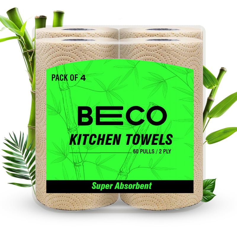 Beco Bamboo 2-Ply Kitchen Paper Towels | 240 Sheets (60 Sheets x 4 Rolls) | 100% Eco-Friendly Bamboo Pulp | Soft & Super Absorbent | Food Safe & Chemical Free | Perfect for Kitchen Cleaning, Spills & Food Prep