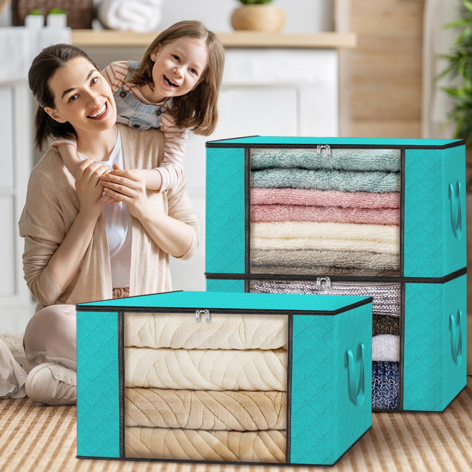 6-Pack Foldable Thick Fabric Storage Bags with Handles - Organize Clothes, Blankets, Comforters | Perfect for Bedroom, Closet & Home Organization (Green)