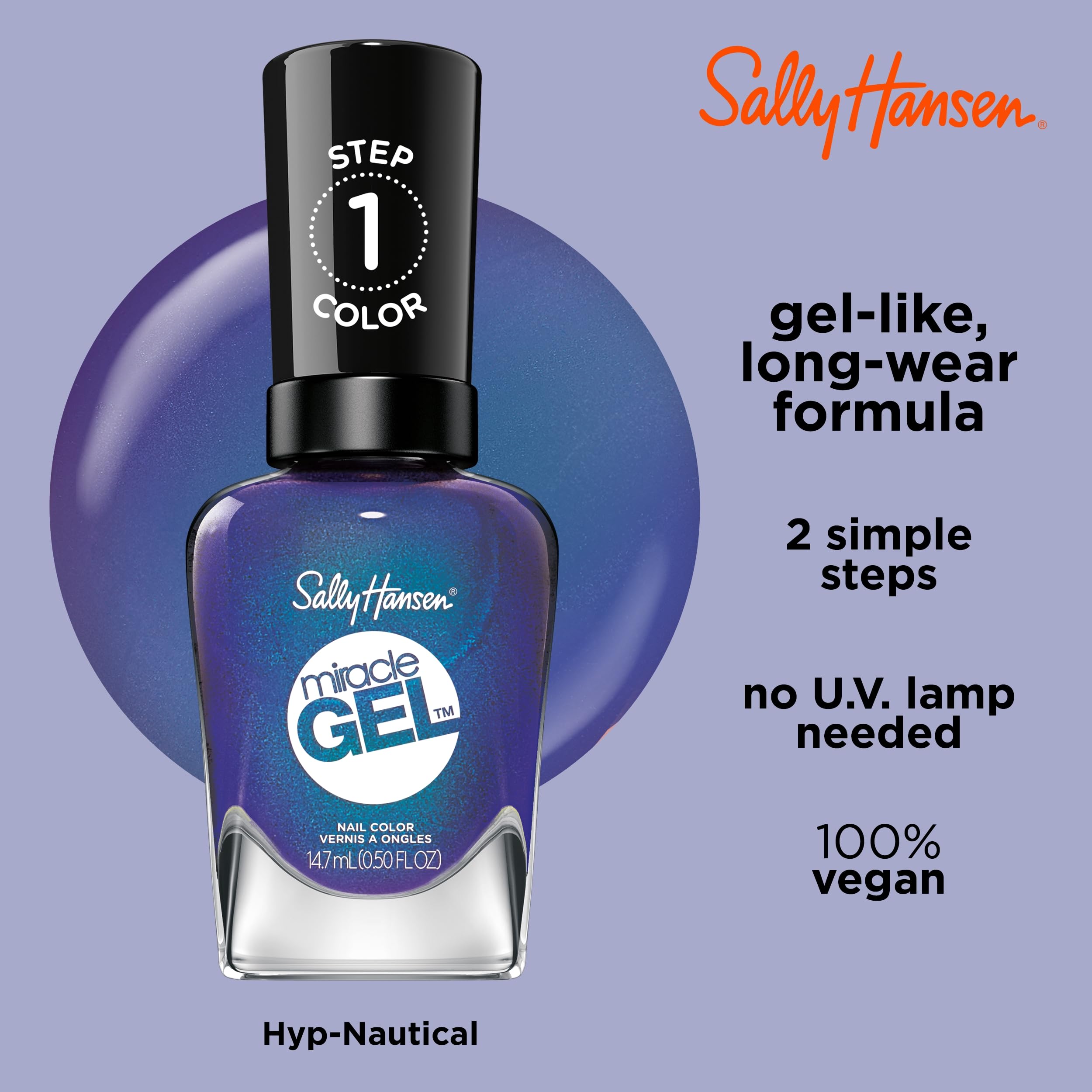 Sally Hansen Miracle Gel™ Hyp-nautical Blue Nail Polish - Long Lasting Gel-Like Formula, No UV Lamp Needed - Perfect for Summer, Beach Vacations & Everyday Wear