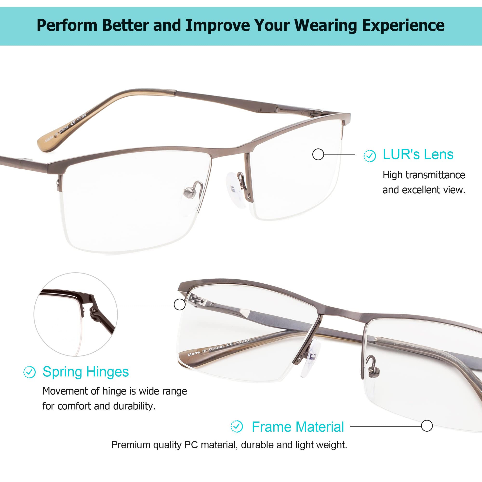 LUR Reading Glasses 3 Pack - Half-Rim Metal Frame Readers with Spring Hinges (Brown) - Perfect for Reading, Crafting & Computer Work
