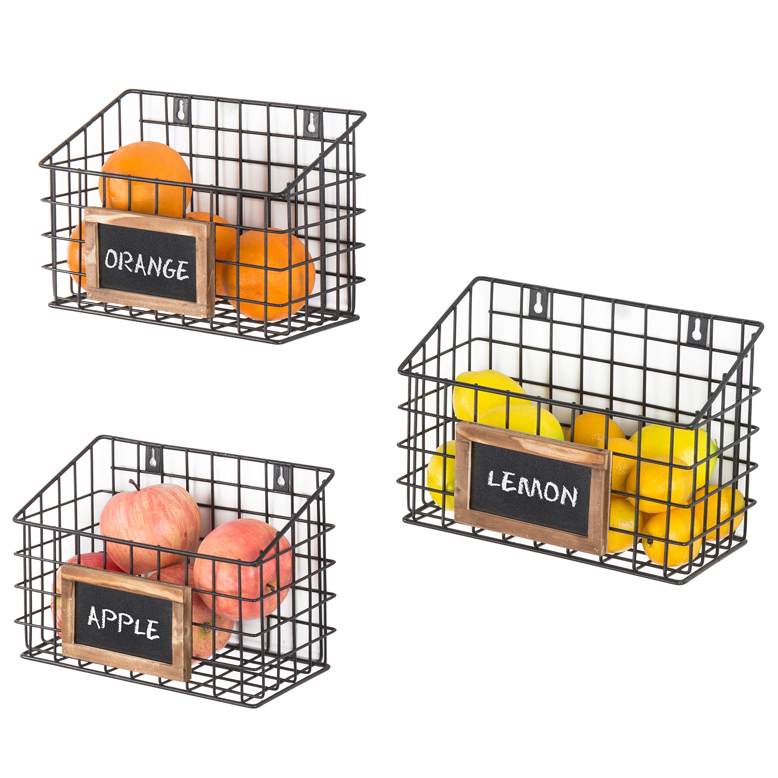 MyGift 10 Inch Wall Mounted Matte Black Metal Wire Storage Baskets with Chalkboard Labels - Set of 3 Small Hanging Organizer Bins for Home, Entryway, Kitchen Pantry & Closet Organization - Perfect for Storing Spices, Keys, Mail & Small Essentials