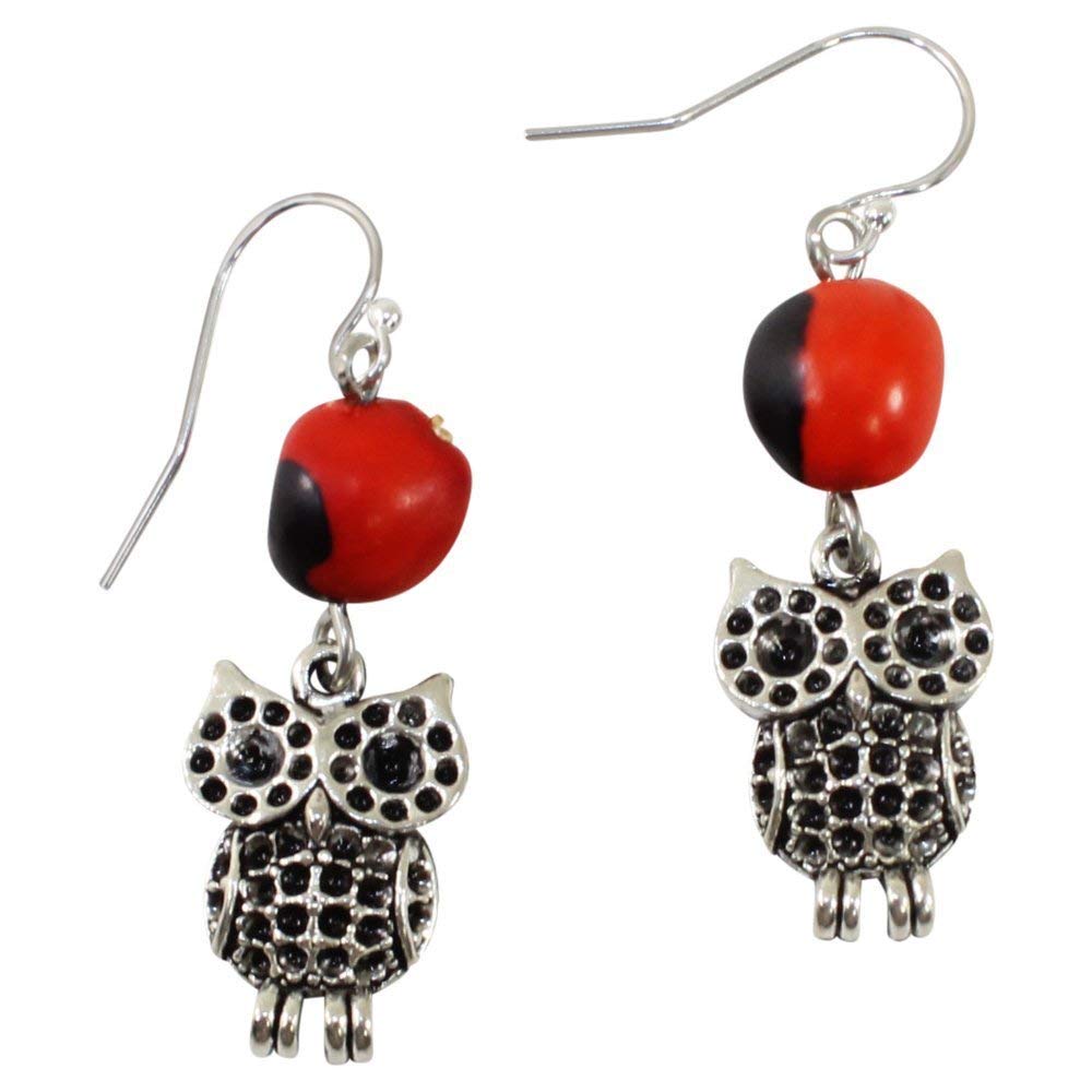 Handmade Silver Owl Charm Dangle Earrings for Women - Symbol of Wisdom & Wealth with Peruvian Huayruro Good Luck Red & Black Seed - Elegant Boho Jewelry Gift for Mom, Daughter, Sister, Aunt - Perfect for Parties, Weddings & Everyday Wear