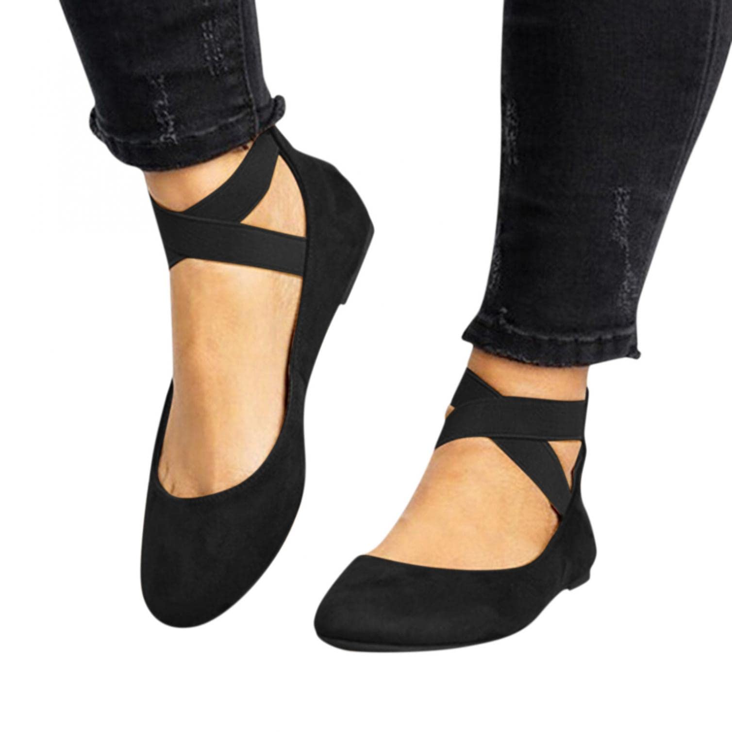 Women's AODONG Beach Sandals - Comfortable Flat Round Toe Ballet Shoes with Elastic Cross Strap & Slip-On Design - Perfect for Casual Wear, Summer Outfits, Beach Vacations and Dressy Occasions