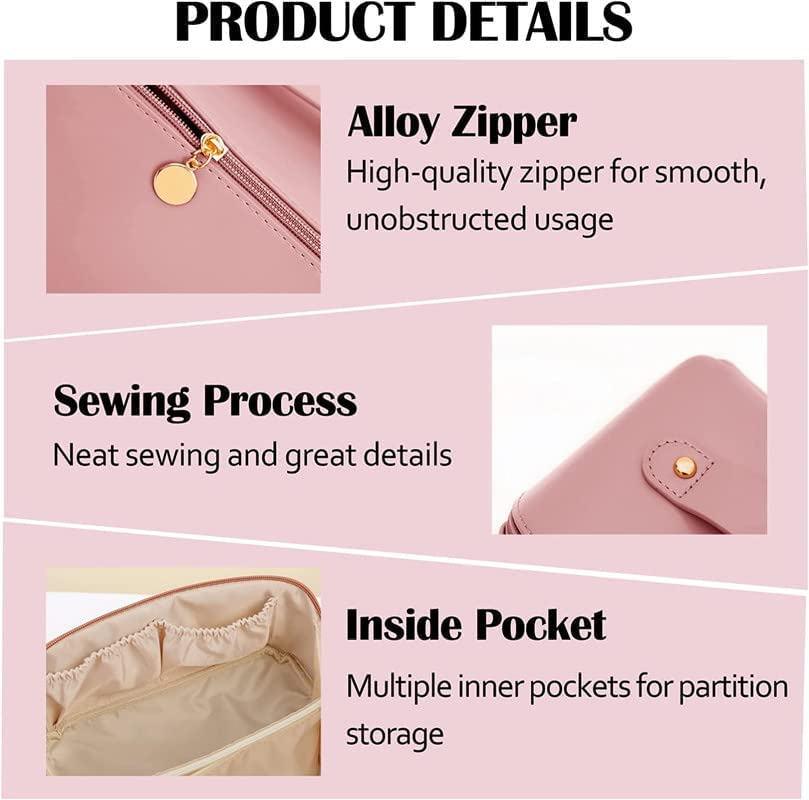 ZUMIE Large Waterproof Travel Cosmetic Bag for Women - PU Leather Makeup Organizer with Divider & Handle, Pink Toiletry Pouch for Vacation, Gym, Business Trips & Daily Essentials Storage