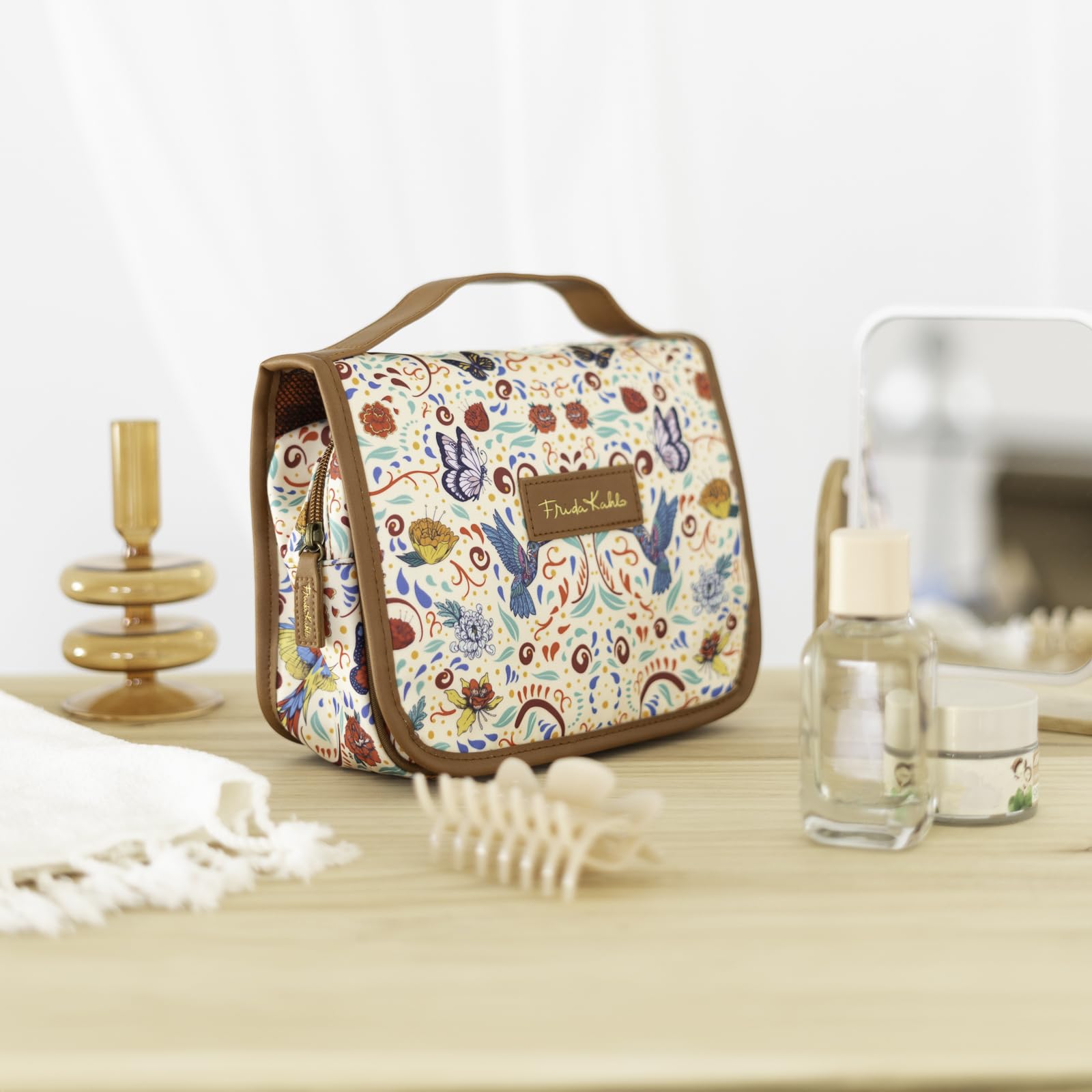 Erik Frida Kahlo Waterproof Hanging Toiletry Bag with Swivel Hook | Floral Design Travel Cosmetic Organizer for Women | Perfect for Bathroom, Gym, Camping & Vacation Trips