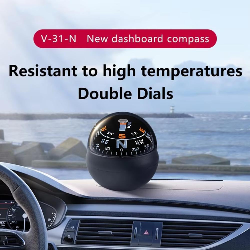 Car Dashboard Compass - Adjustable Double Dial Compass Ball with Bottom Stick for Boat, Truck & Marine Navigation | Direction Finder for SUV, Car, Truck | Perfect for Off-Roading, Boating & Road Trips