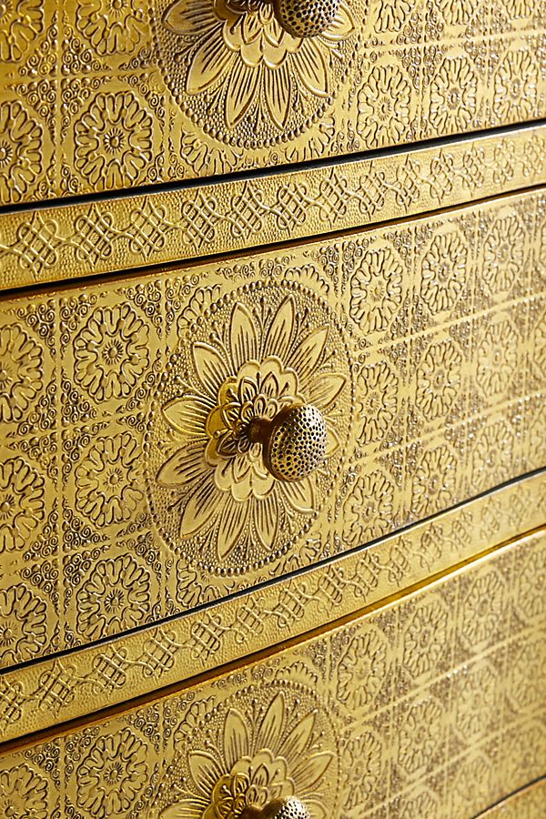 Hand Embossed Nightstand with 3 Drawers - Golden Metal Lamp Stand for Bedroom, Living Room & Office | Vintage Style Bedside Table with Storage Space
