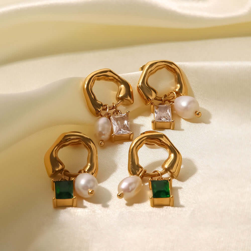18K Gold Pearl Baguette Huggie Hoop Earrings for Women | Elegant Dainty Pearl Stud Earrings | Perfect for Weddings, Parties & Everyday Wear (JDE251)