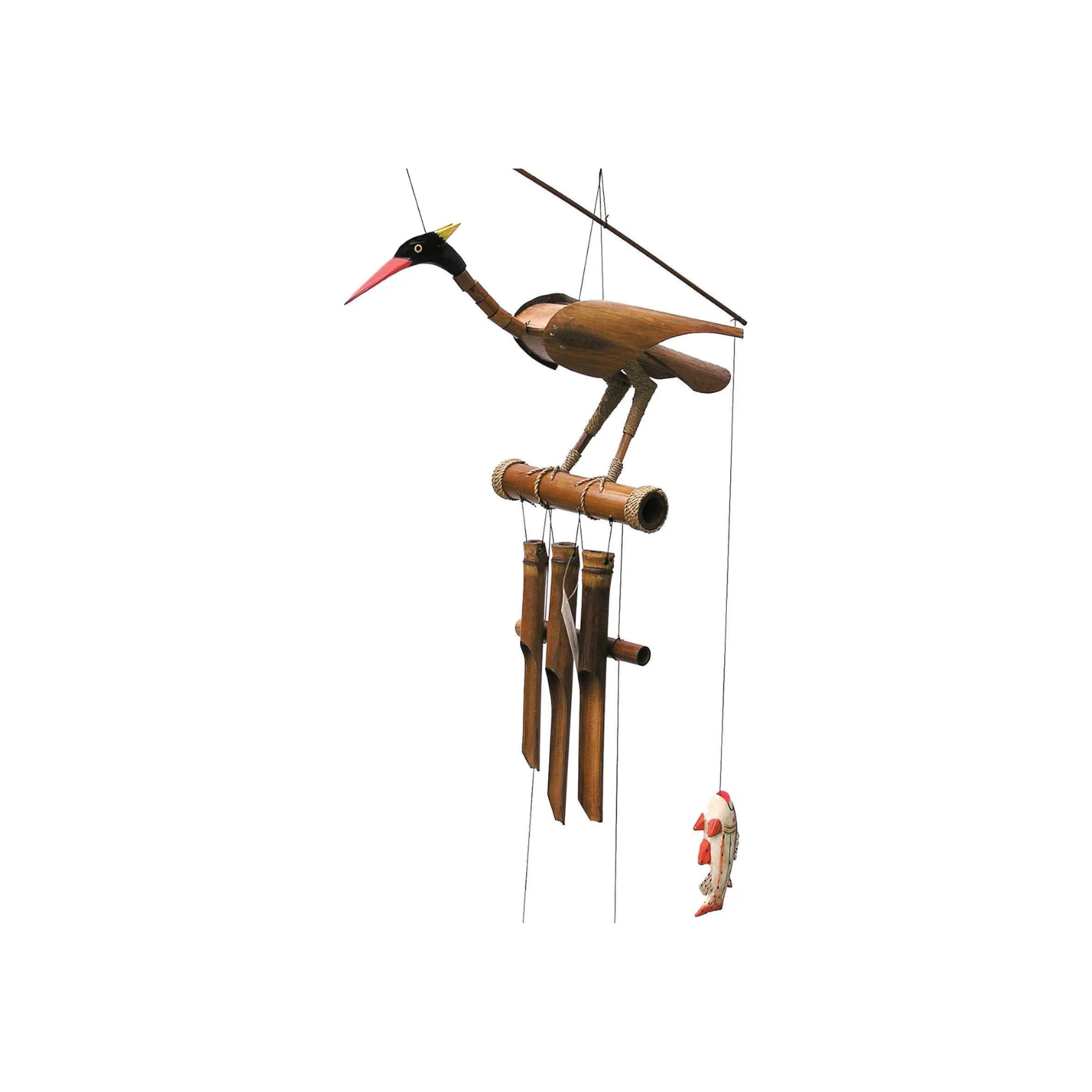 Natural Wood Finish Cohasset Rodney Bobbing Head Bird Bamboo Wind Chime - Handcrafted Outdoor Garden Decor for Patio, Porch, and Backyard Relaxation