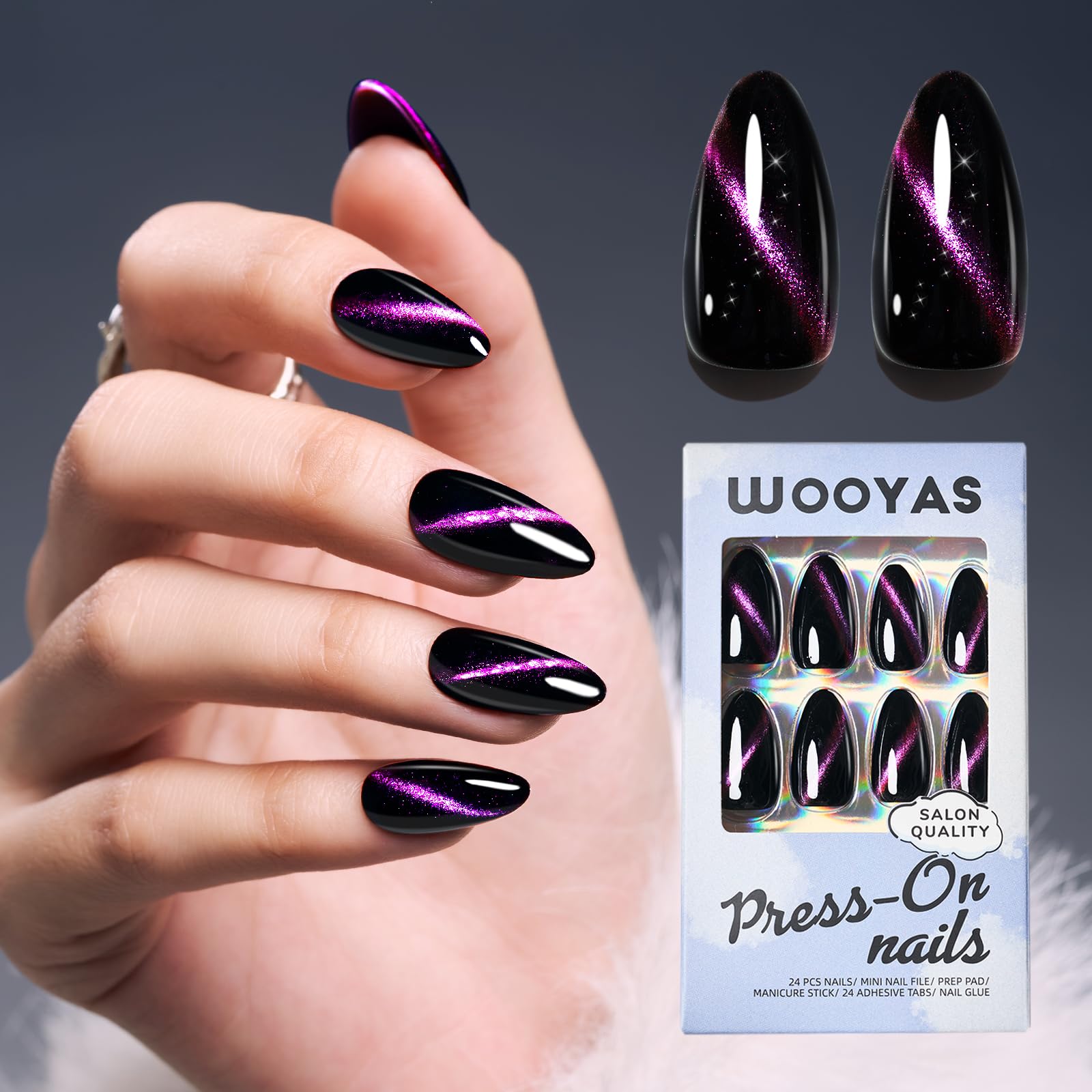 9D Glitter Dark Grey Almond Press on Nails with Purple Glitter Design - 24 Pcs Salon Quality Magnetic Gel Nails Kit in 12 Sizes | Handmade Fake Nails for Parties, Weddings & Special Occasions
