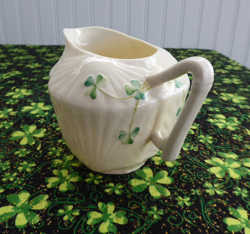 Vintage Irish Belleek Seashell Cream Jug with Harp & Shamrock Design - 1930s 2nd Green Mark - Perfect for Tea Parties & Antique Collectors