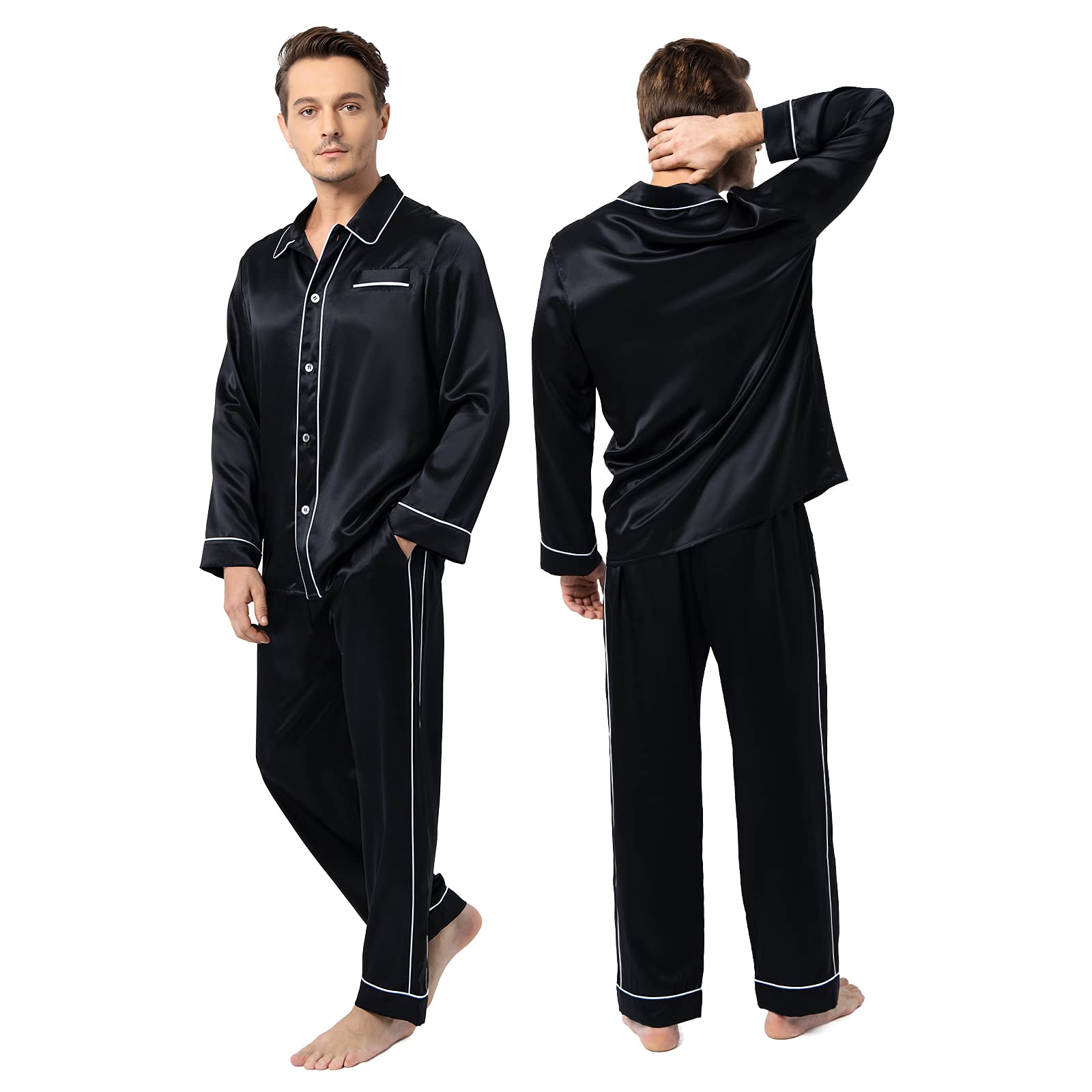 Premium 22 Momme Silk Pajama Set for Men - Double Row Piping & Notched Collar - Luxury Long Silk Sleepwear for Comfort & Style - Perfect for Lounging, Gifting & Special Occasions