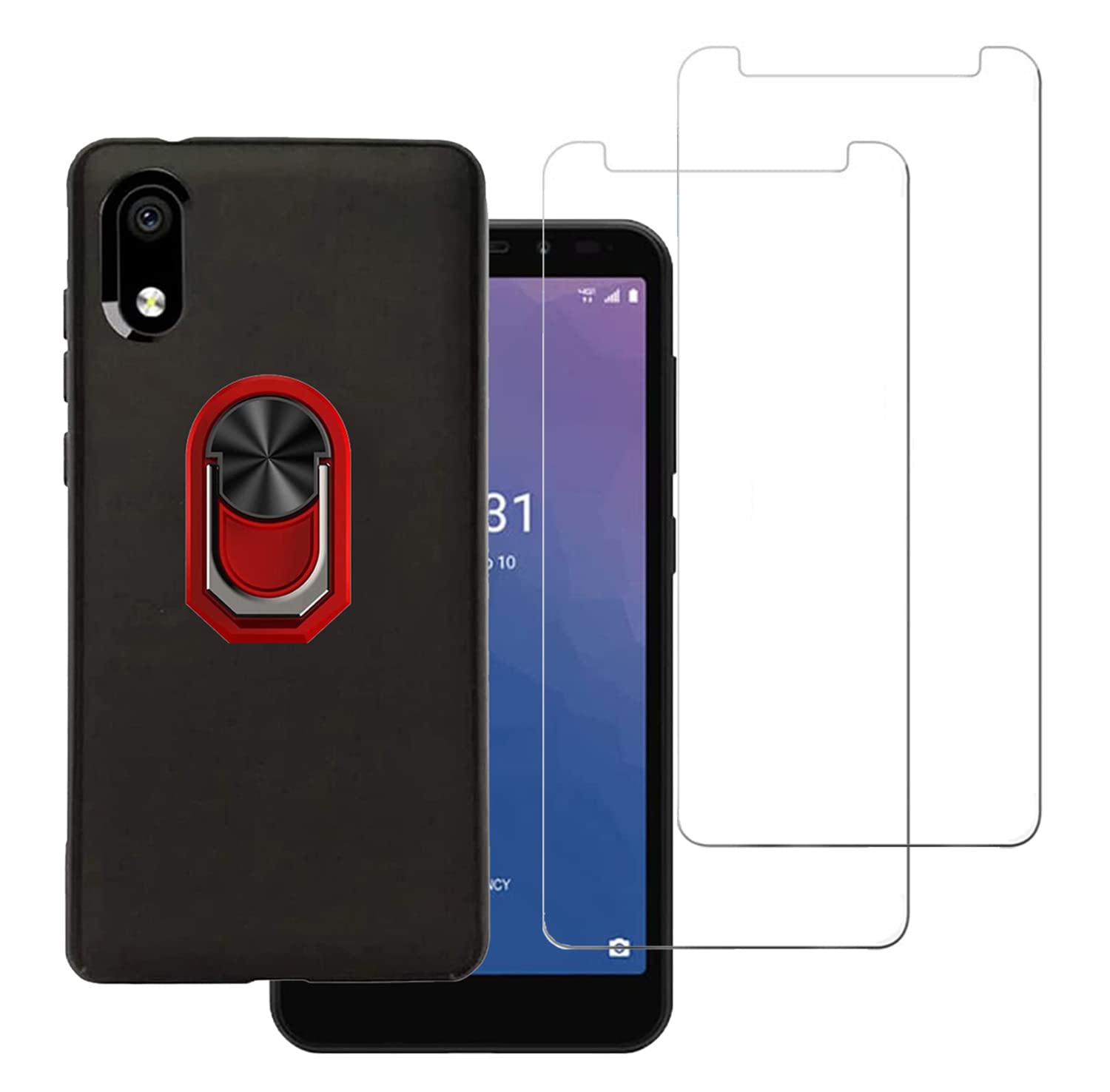 Orbic Maui RC545L Phone Case with Tempered Glass Screen Protector 2 Pack - Full Body Shockproof Defender Case with Kickstand & 360 Ring Holder (Red) - Perfect for Outdoor Activities, Work, and Travel Protection