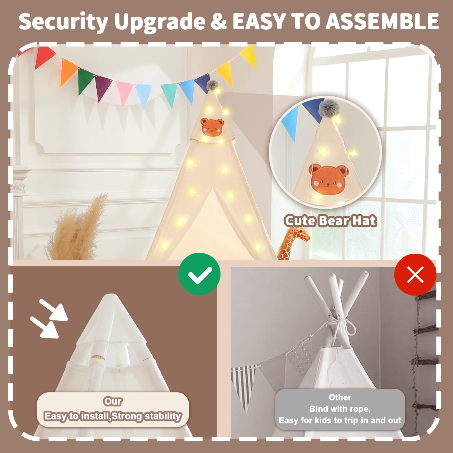 Kids Teepee Tent with Star Lights & Flags - Indoor/Outdoor Playhouse for Toddlers - Perfect for Playrooms & Gifts