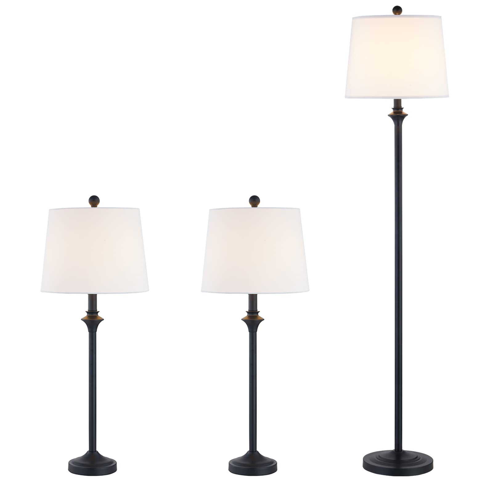 Maxax 3-Piece Traditional Lamp Set - Black Buffet Table Lamps & Floor Lamp with White Fabric Shades for Living Room, Bedroom, Study | Home Decor Lighting for Cozy Ambiance