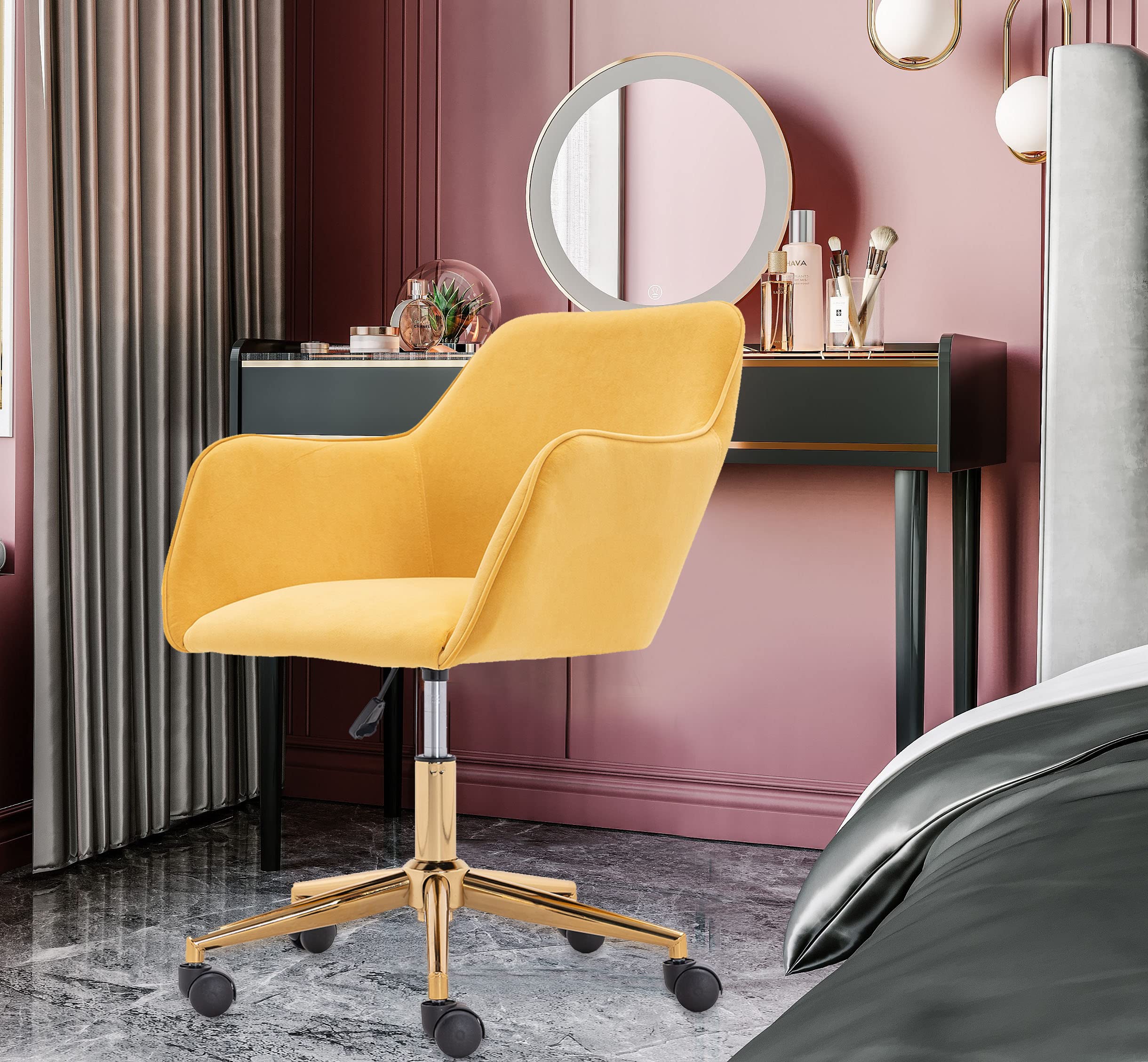Yoluckea Modern Velvet Home Office Chair - Adjustable Swivel Desk Chair with Ergonomic Support for Women & Teens, Soft Upholstered Task Chair for Living Room, Bedroom or Vanity (Yellow) - Perfect for Remote Work, Online Classes & Home Office Setup