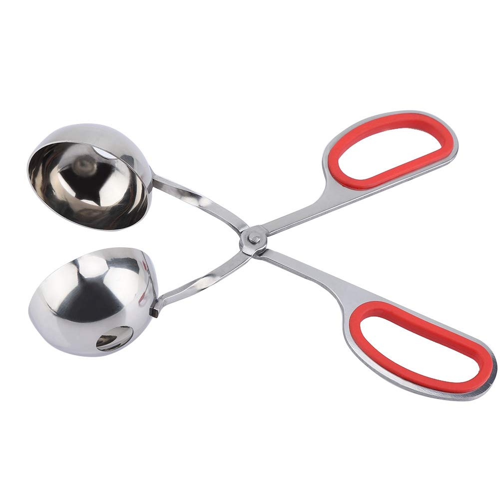 Non-Stick Stainless Steel Meatball Scoop & Ice Tongs - Rice Ball Maker, Cookie Scoop with Anti-Slip Rubber Handle (Red) - Perfect for Cooking, Baking, and Serving Meatballs, Ice Cubes, Cookies