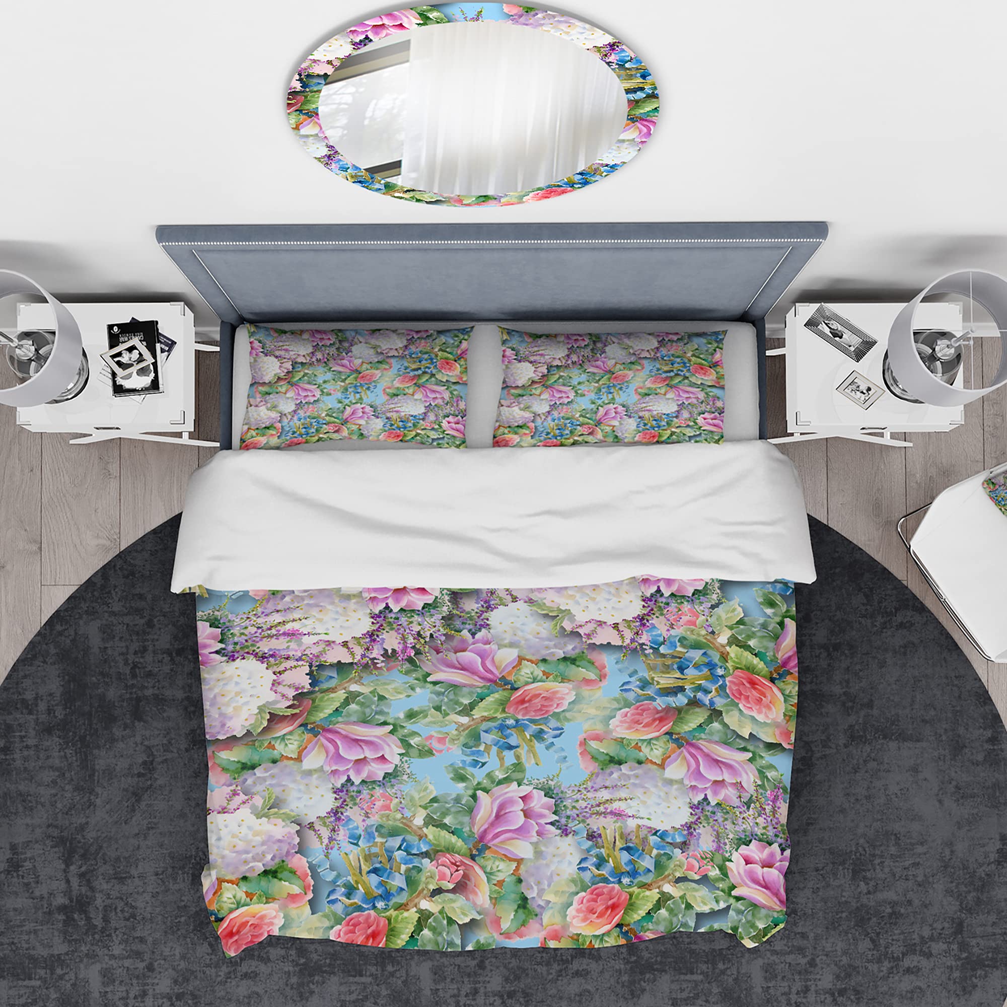 Blue Floral Duvet Cover Set King - Nautical Coastal Bedding for All Seasons