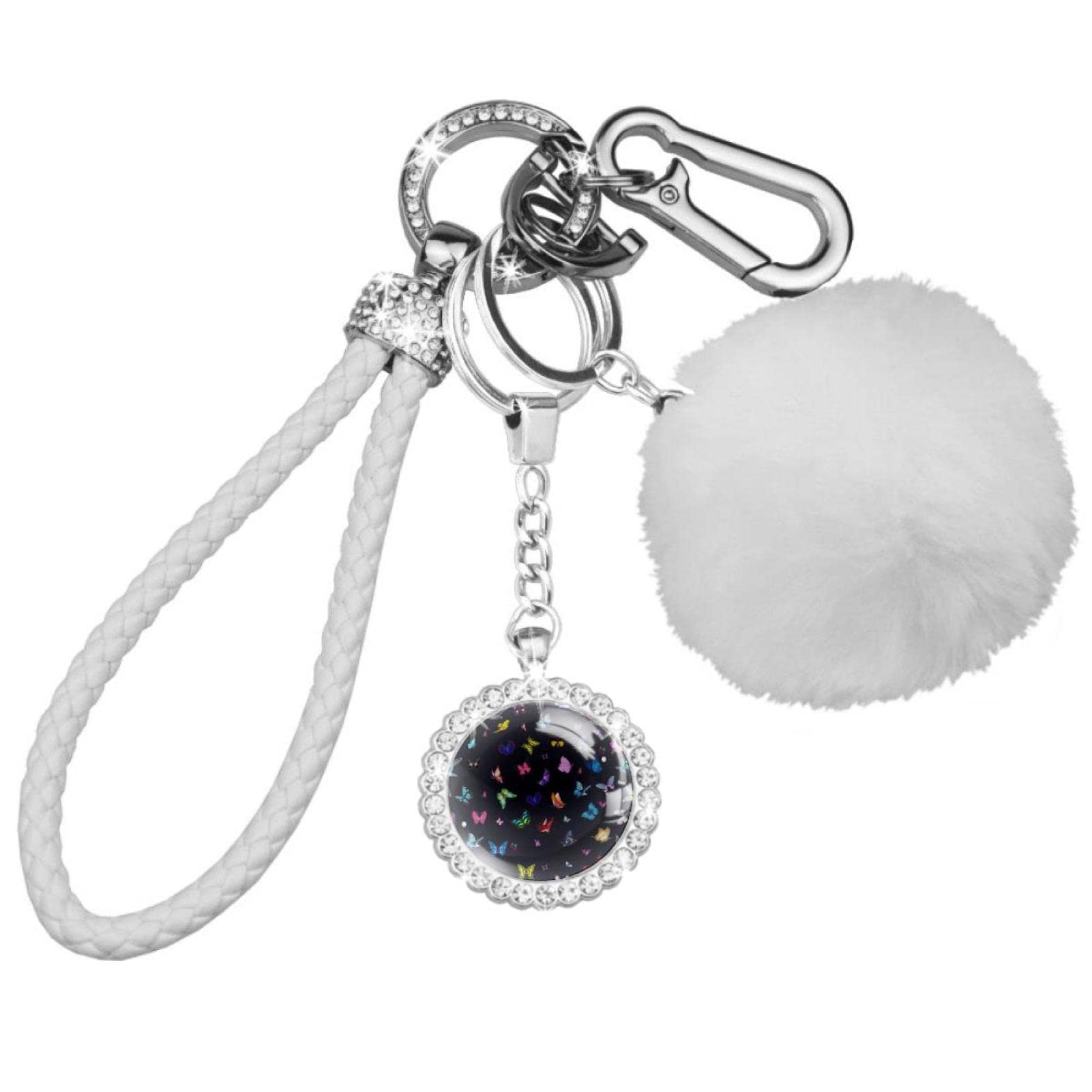 LORVIES Happy Dinosaur Pom Pom Keychain - Fluffy Artificial Fur Ball Keyring for Women, Cute Car Bag Charm Accessories (Perfect Gift for Birthday, Party & Daily Use)