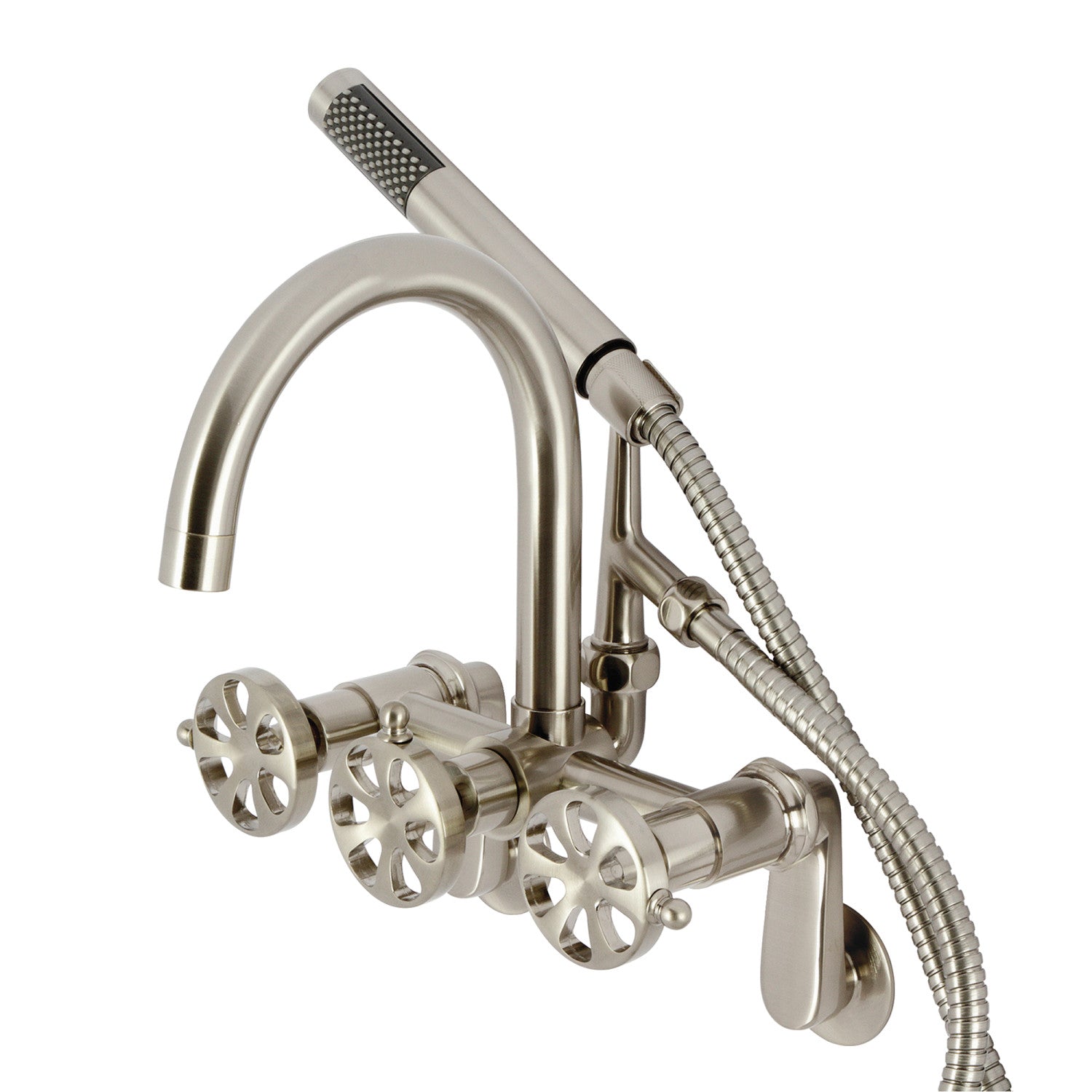 Belknap AE8158RX 3-Handle 2-Hole Wall Mount Clawfoot Tub Faucet with Hand Shower in Brushed Nickel - Vintage Bathroom Fixture for Classic & Modern Bathrooms