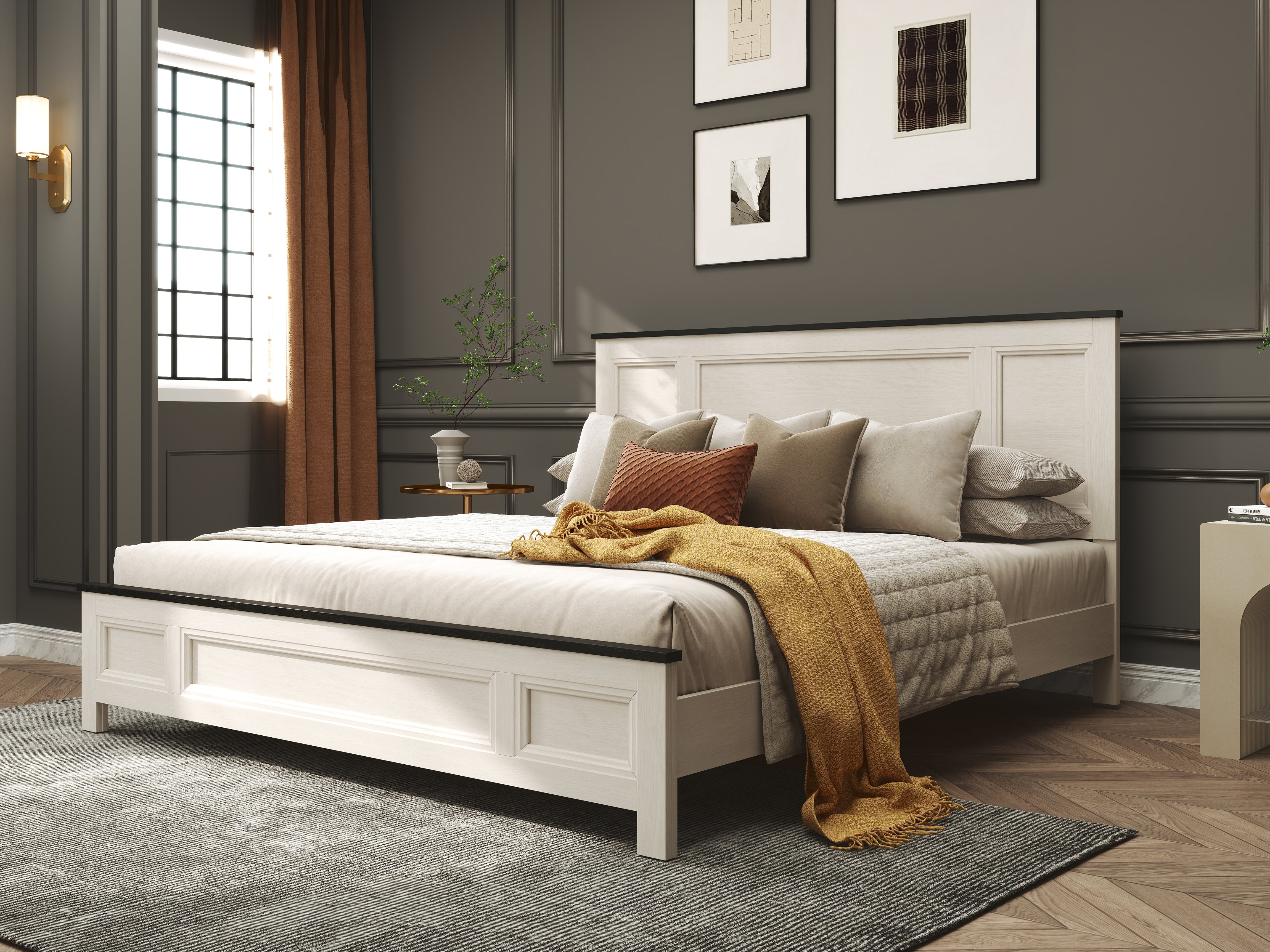 Roundhill Furniture Realynn Panel Bed - Queen Size Off White Finish for Modern Bedroom Decor | Stylish and Durable Bed Frame for Home & Guest Room