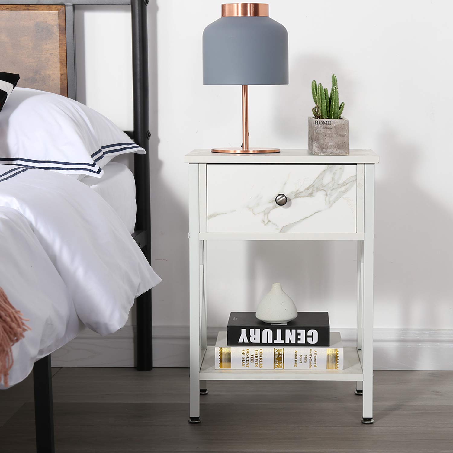 VECELO Modern Nightstand with Storage Drawer - X-Design End Table with Shelf for Bedroom & Living Room - Marble White Finish - Perfect for Small Spaces & Apartment Decor
