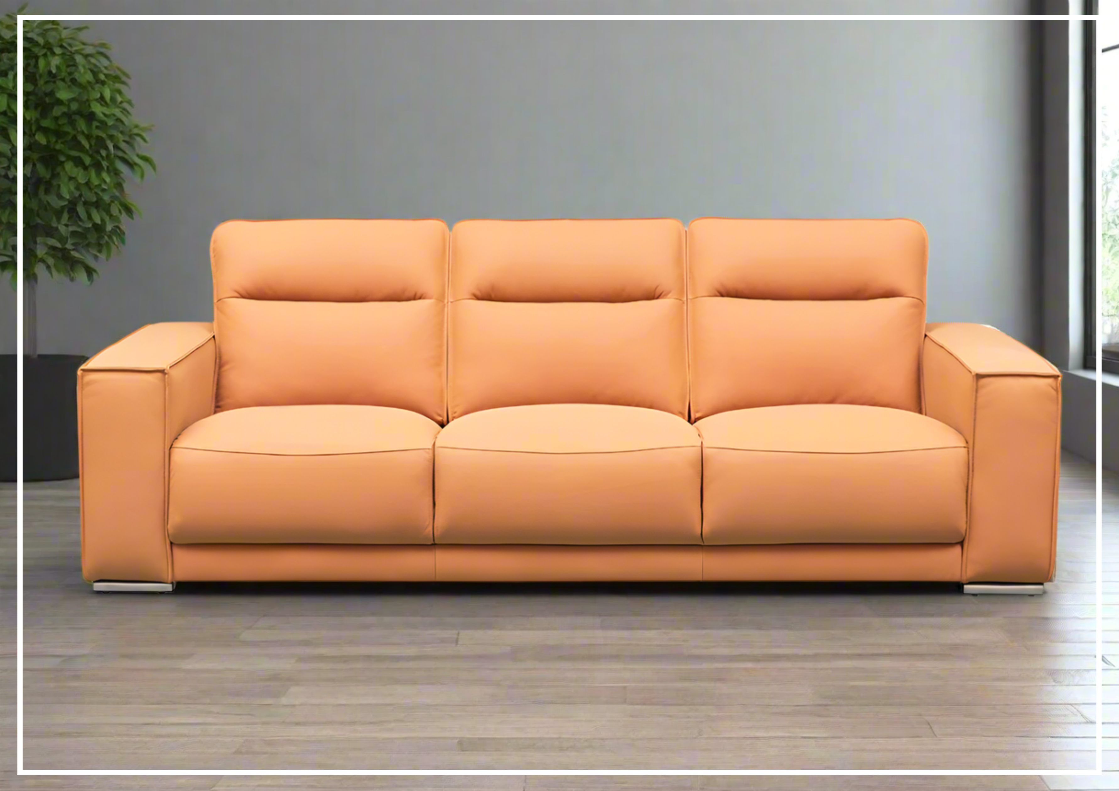 Klaussner Grazia 3-Seater Tufted Leather Sofa with Track Arms in Orange - Modern Living Room Furniture for Home & Office Comfort