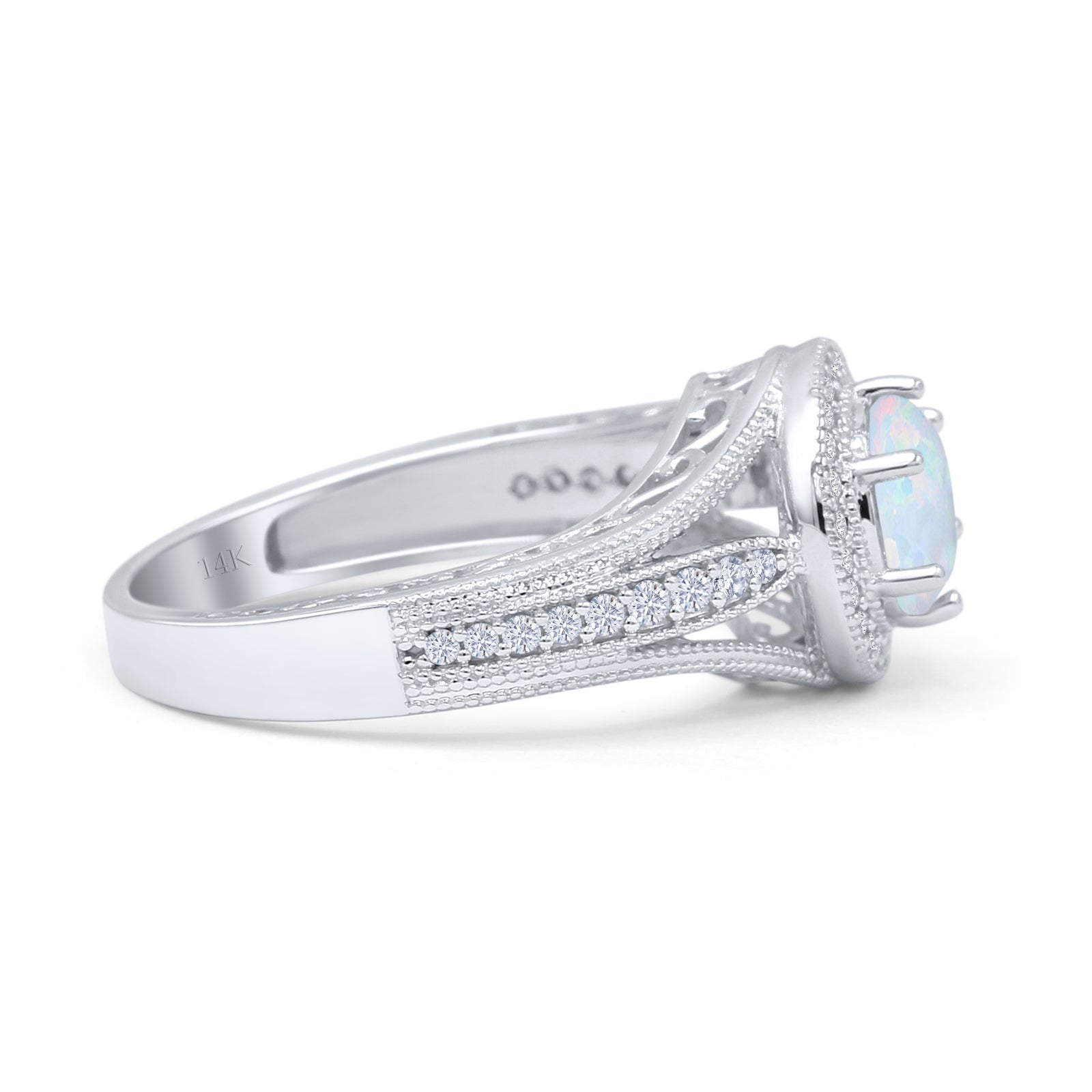 14K White Gold Art Deco Round Halo Split Shank Lab-Created White Opal Bridal Ring – Elegant Engagement & Wedding Jewelry for Women