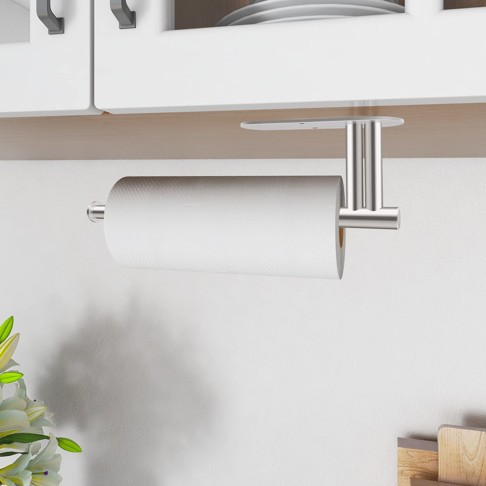 Upgraded Stainless Steel Under Cabinet Paper Towel Holder - Double Rod Bearing Design, Self-Adhesive or Drill Mount for Kitchen - Perfect for Easy Access to Paper Towels While Cooking & Cleaning
