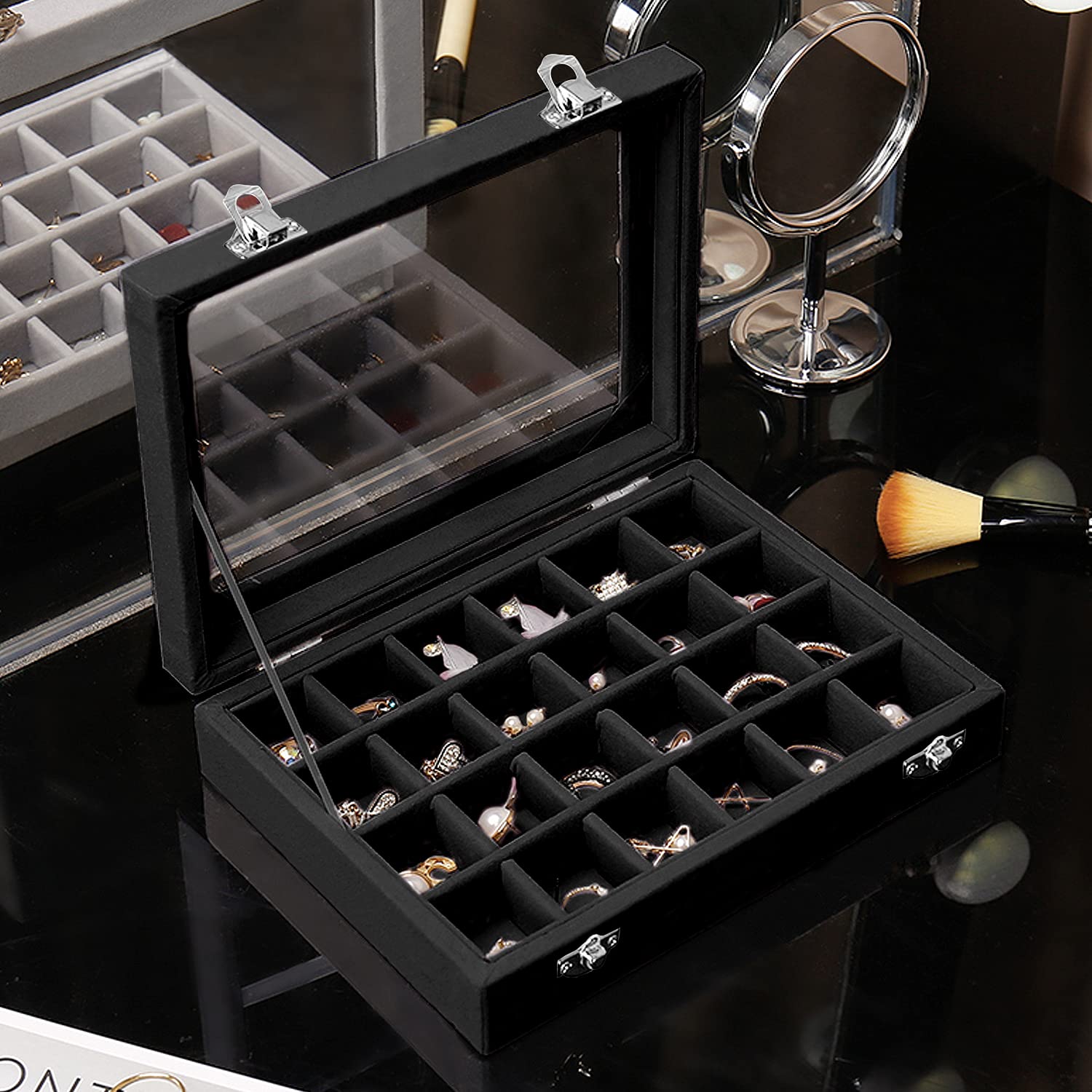 Lainrrew 24 Grid Velvet Jewelry Organizer Box - Jewelry Display Case for Earrings, Rings, Necklaces & Bracelets - Elegant Storage Solution for Women & Girls (Black) | Perfect for Travel, Home Vanity & Gift Giving