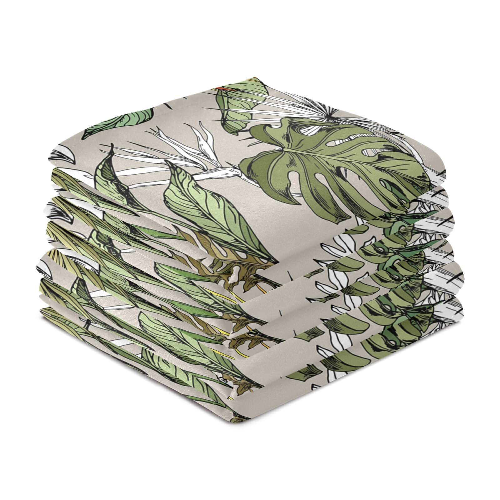 Tropical Leaves & Exotic Flowers Kitchen Dish Towels Set of 6 - Premium Polyester Waffle Weave Dishcloths, Napkins & Tea Towels with Hanging Loop for Kitchen, Dining & Bar Use