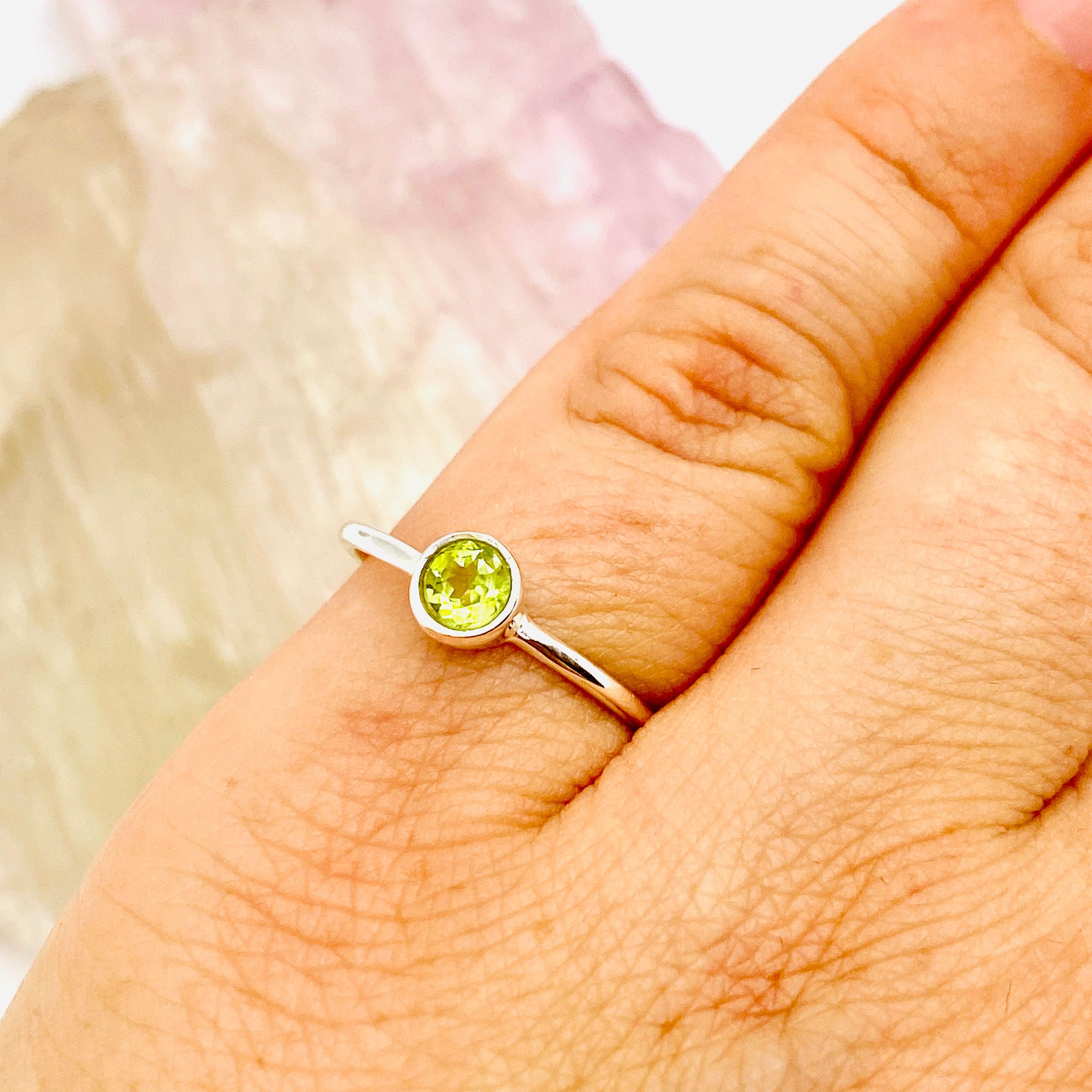 Peridot Round Faceted Fine Band Ring R3754 PE - Dainty Green Gemstone Jewelry for Women, Perfect for Everyday Wear, Gift Giving & Special Occasions
