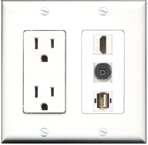 RiteAV 15 Amp Power Outlet with HDMI, USB A-A & Toslink Ports - Decorative Wall Plate for Home Theater & Smart Home Setup